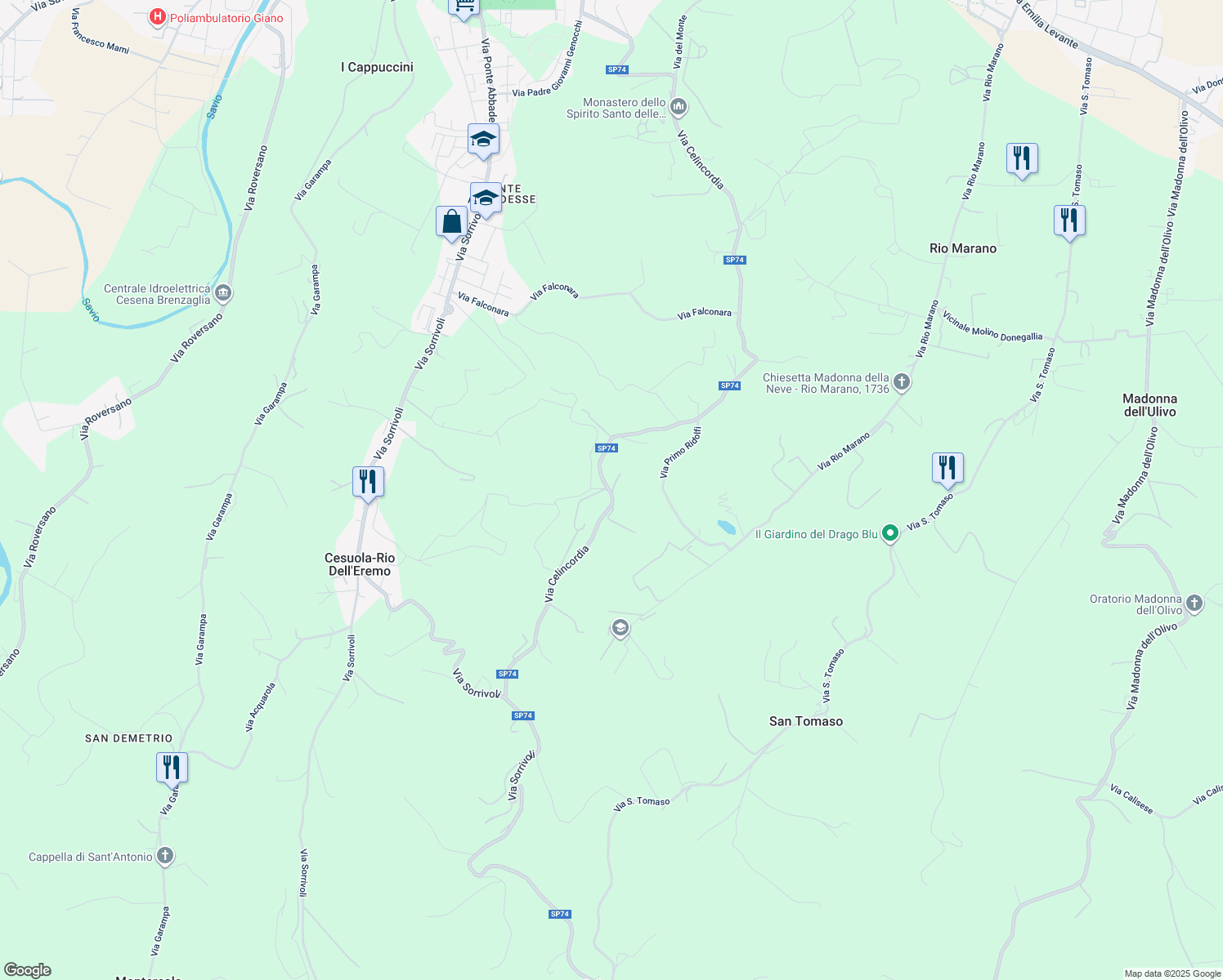 map of restaurants, bars, coffee shops, grocery stores, and more near 2289 SP74 in Provincia di Forlì-Cesena