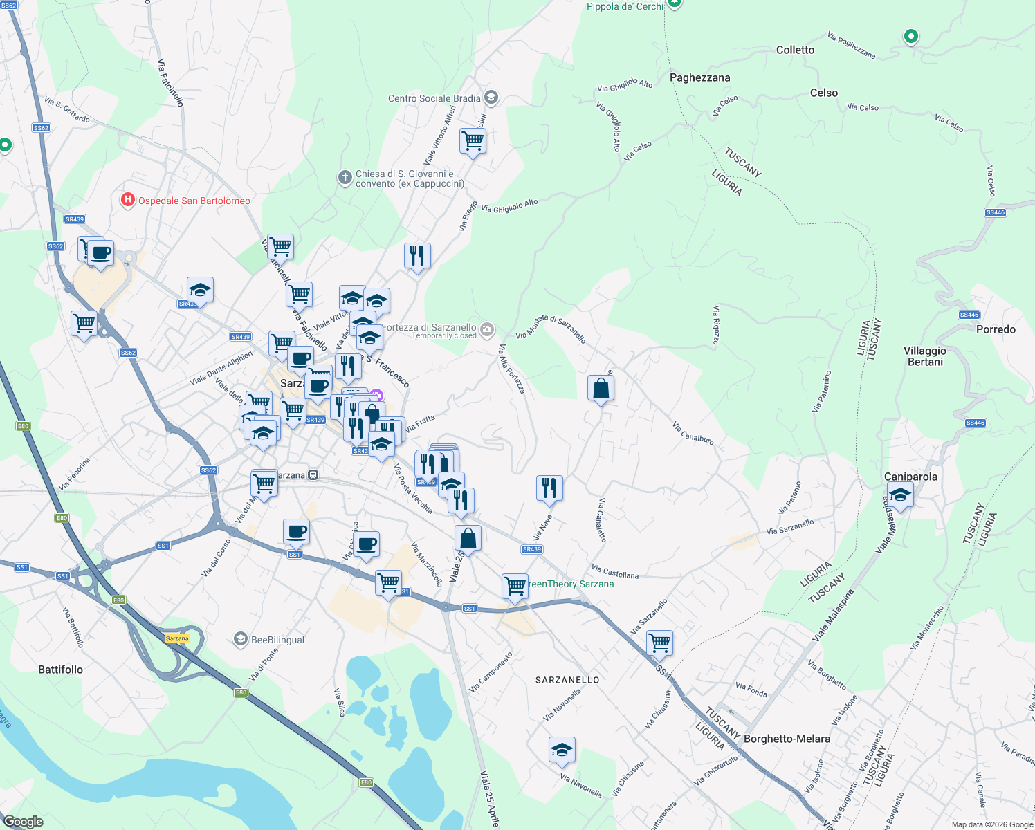 map of restaurants, bars, coffee shops, grocery stores, and more near 30 Via Alla Fortezza in Sarzana