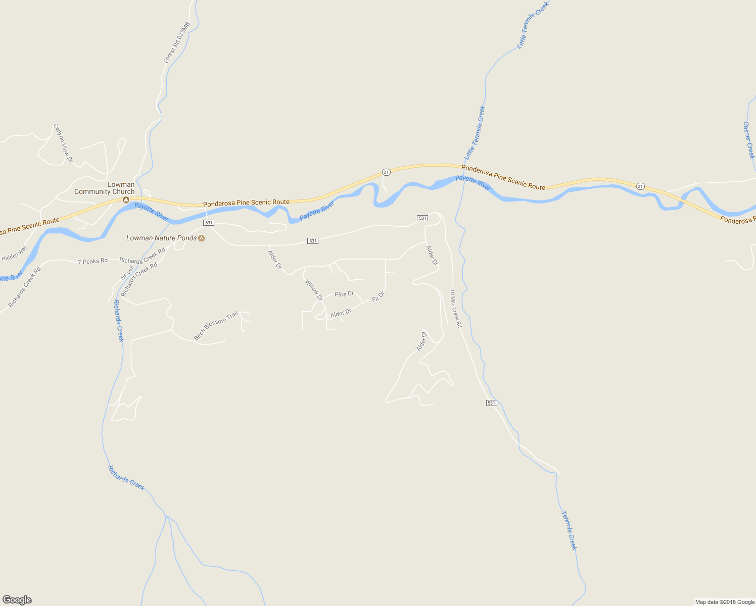 map of restaurants, bars, coffee shops, grocery stores, and more near 123 Alder Drive in Lowman