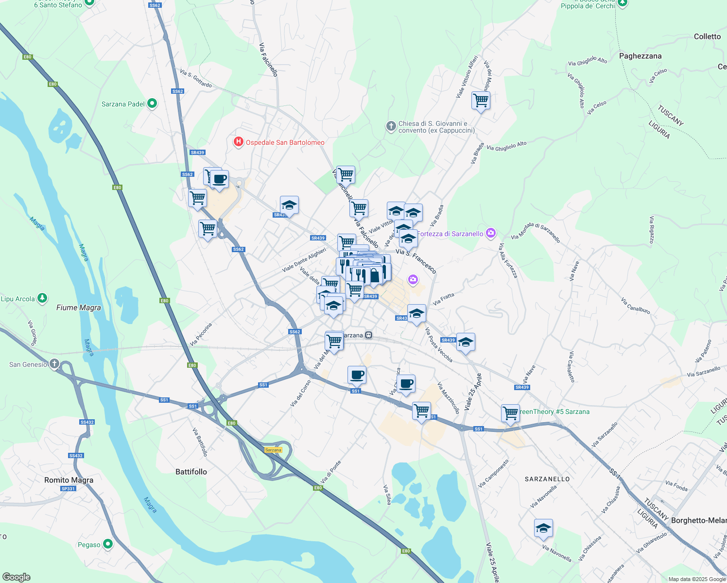 map of restaurants, bars, coffee shops, grocery stores, and more near 29 Via Sobborgo Emiliano in Sarzana