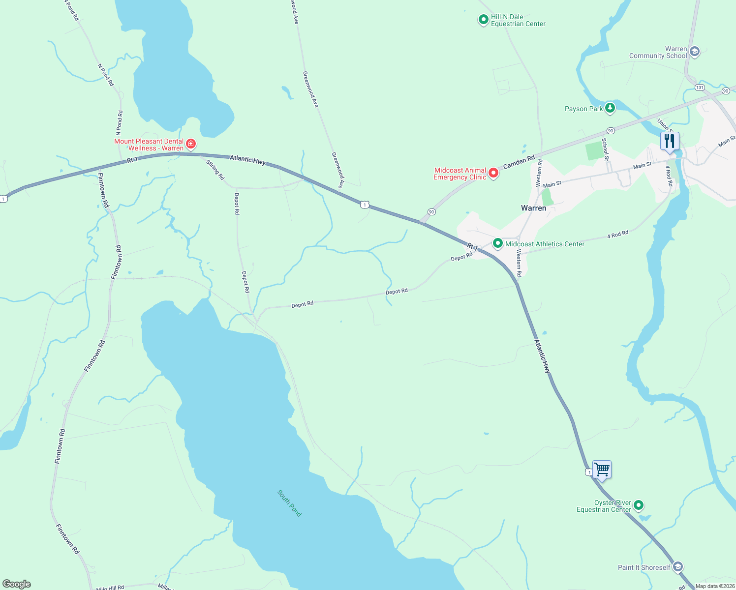 map of restaurants, bars, coffee shops, grocery stores, and more near 251 Depot Road in Warren