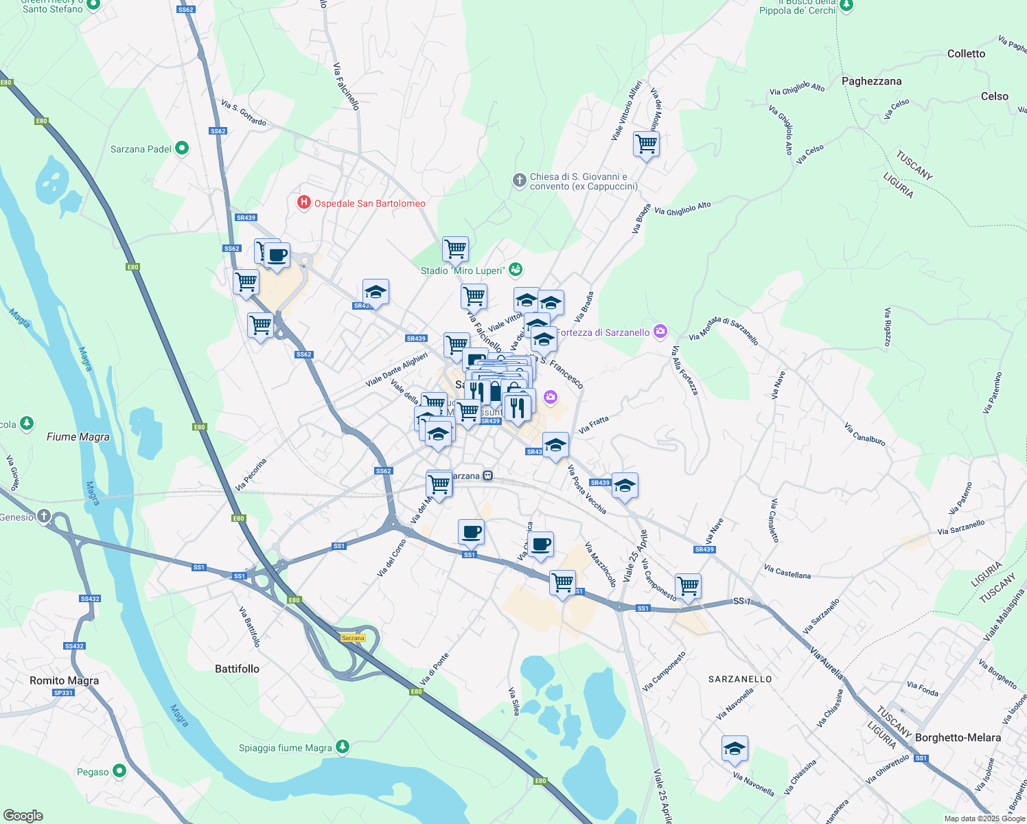 map of restaurants, bars, coffee shops, grocery stores, and more near 55 Via Giuseppe Mazzini in Sarzana