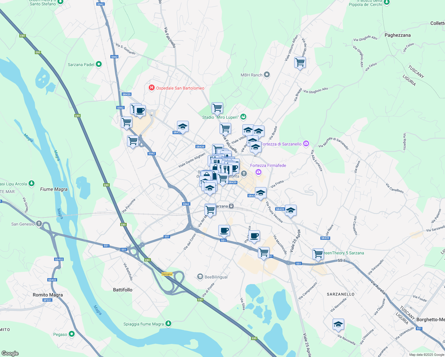 map of restaurants, bars, coffee shops, grocery stores, and more near 32 Via Pietro Gori in Sarzana