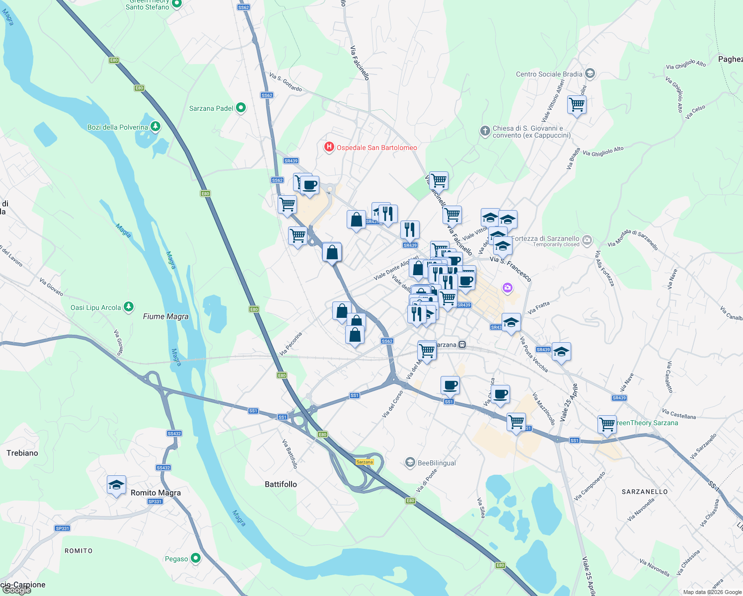 map of restaurants, bars, coffee shops, grocery stores, and more near 6 Via Caduti di Via Fani in Sarzana