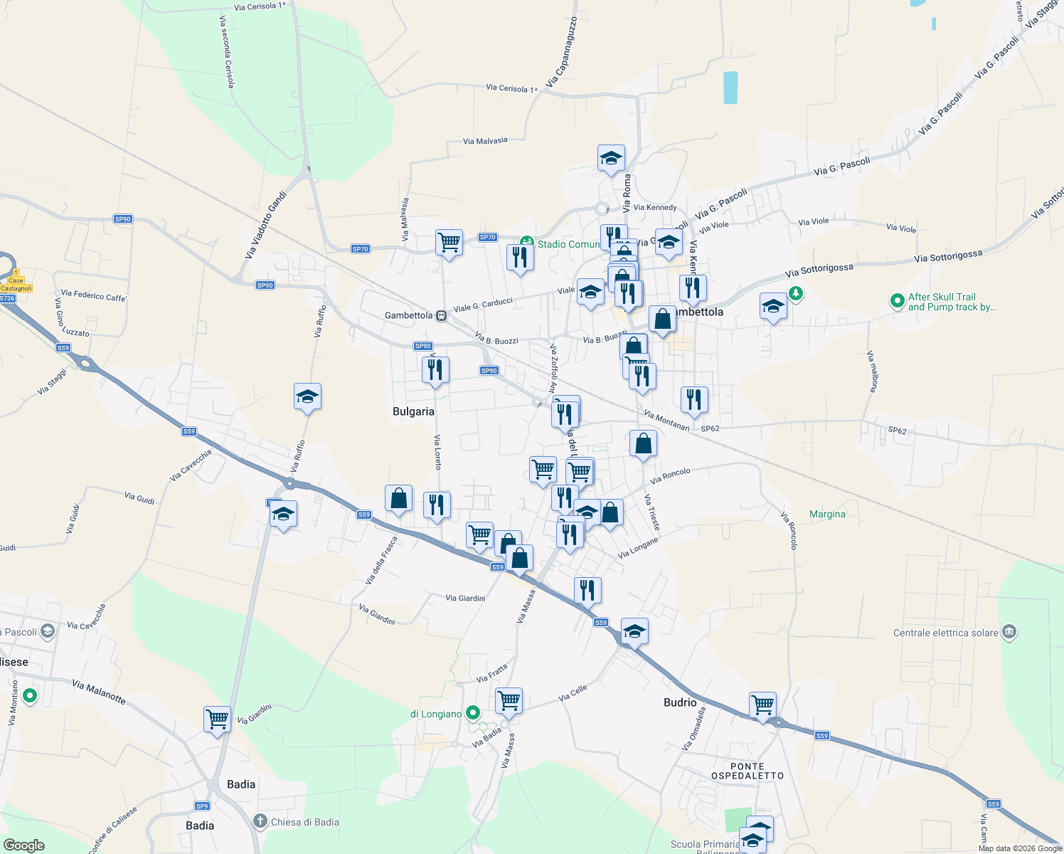 map of restaurants, bars, coffee shops, grocery stores, and more near 23 Via Antonio Zoffoli in Gambettola
