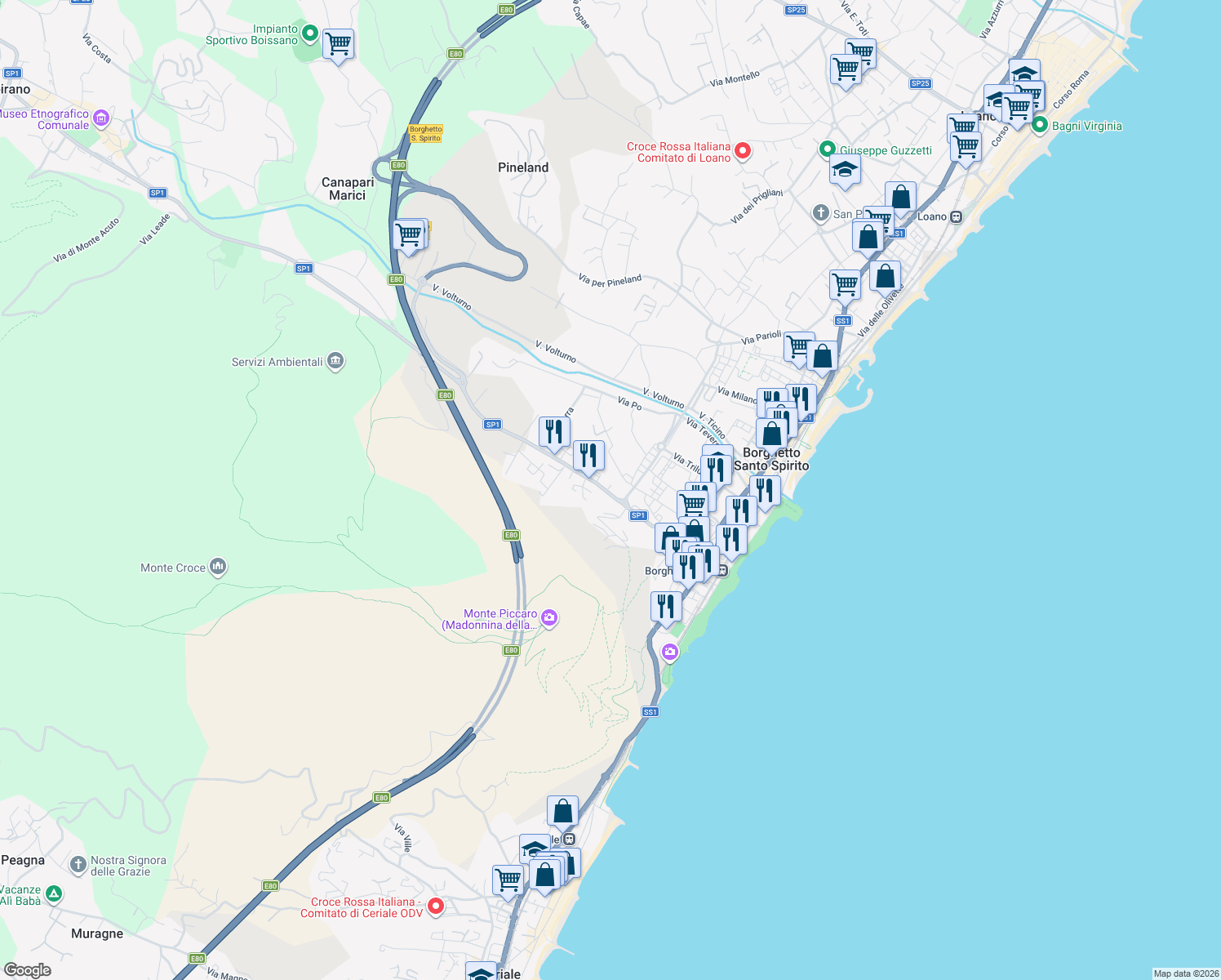 map of restaurants, bars, coffee shops, grocery stores, and more near 12 Via Michelangelo in Borghetto Santo Spirito