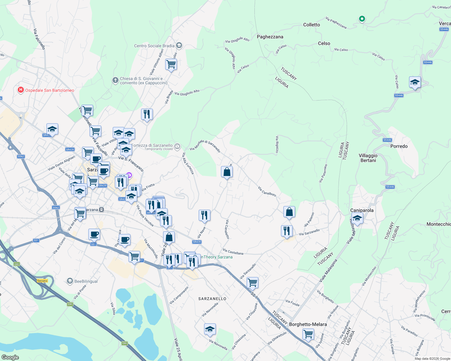 map of restaurants, bars, coffee shops, grocery stores, and more near 79 Via Nave in Sarzana