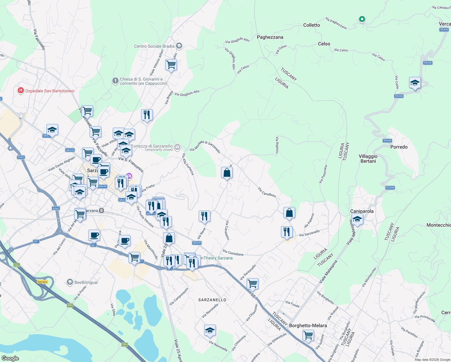 map of restaurants, bars, coffee shops, grocery stores, and more near 79 Via Nave in Sarzana