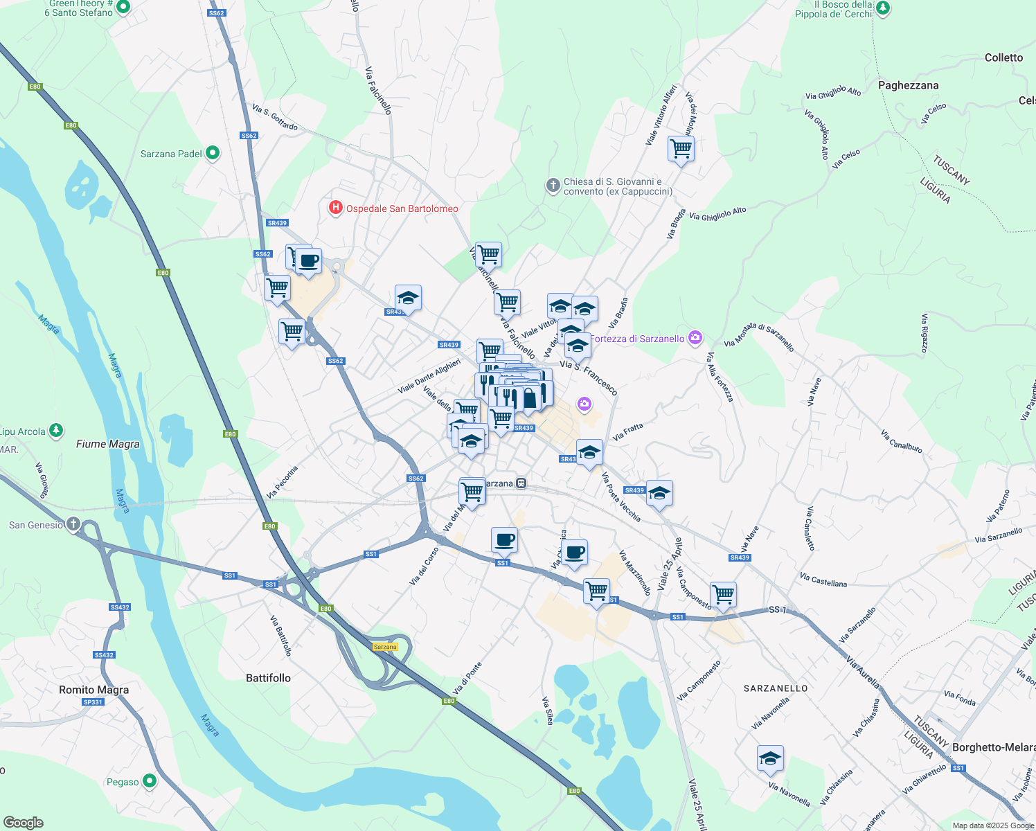 map of restaurants, bars, coffee shops, grocery stores, and more near 19-21 Via Mazzini in Sarzana