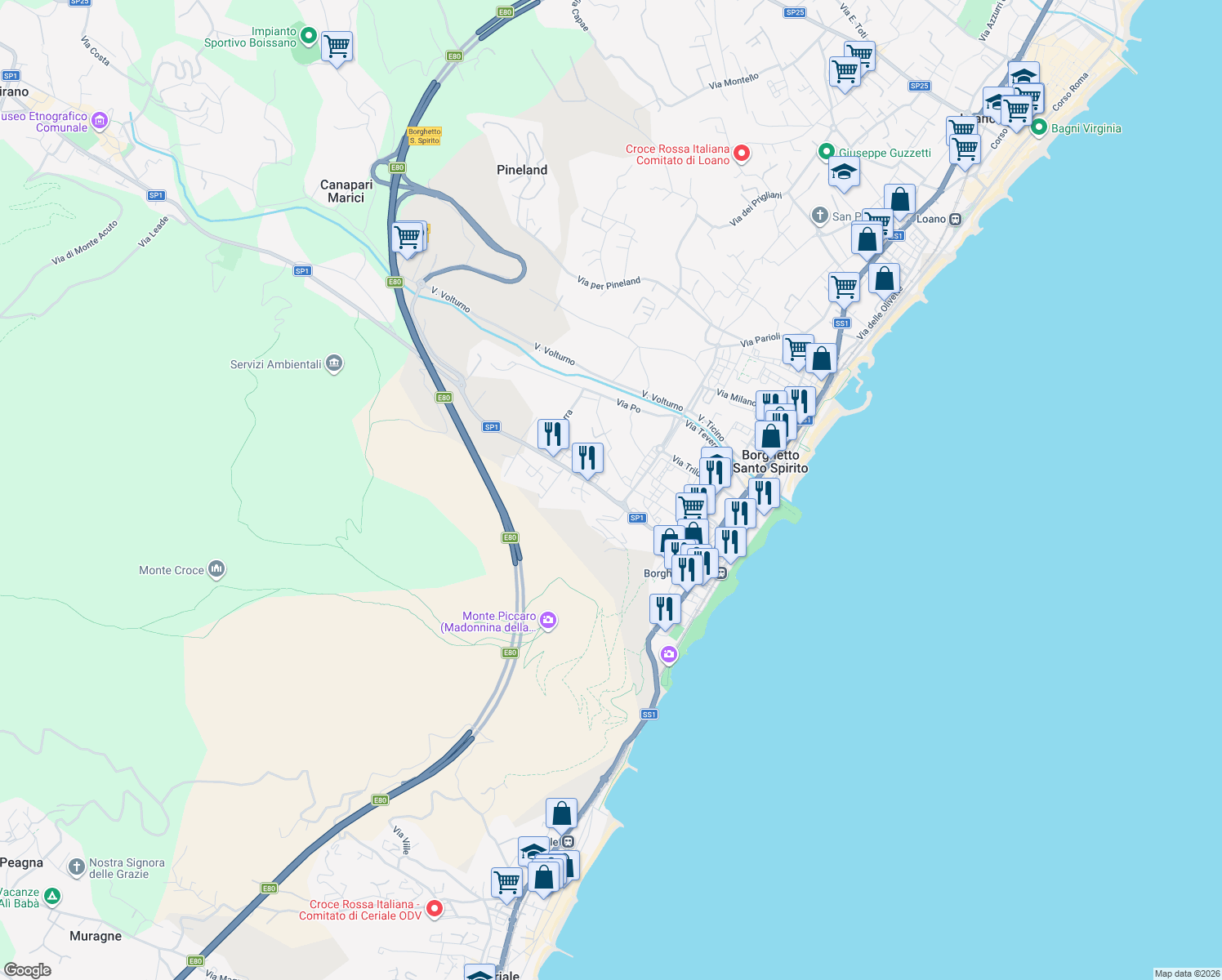 map of restaurants, bars, coffee shops, grocery stores, and more near 12 Via Michelangelo in Borghetto Santo Spirito