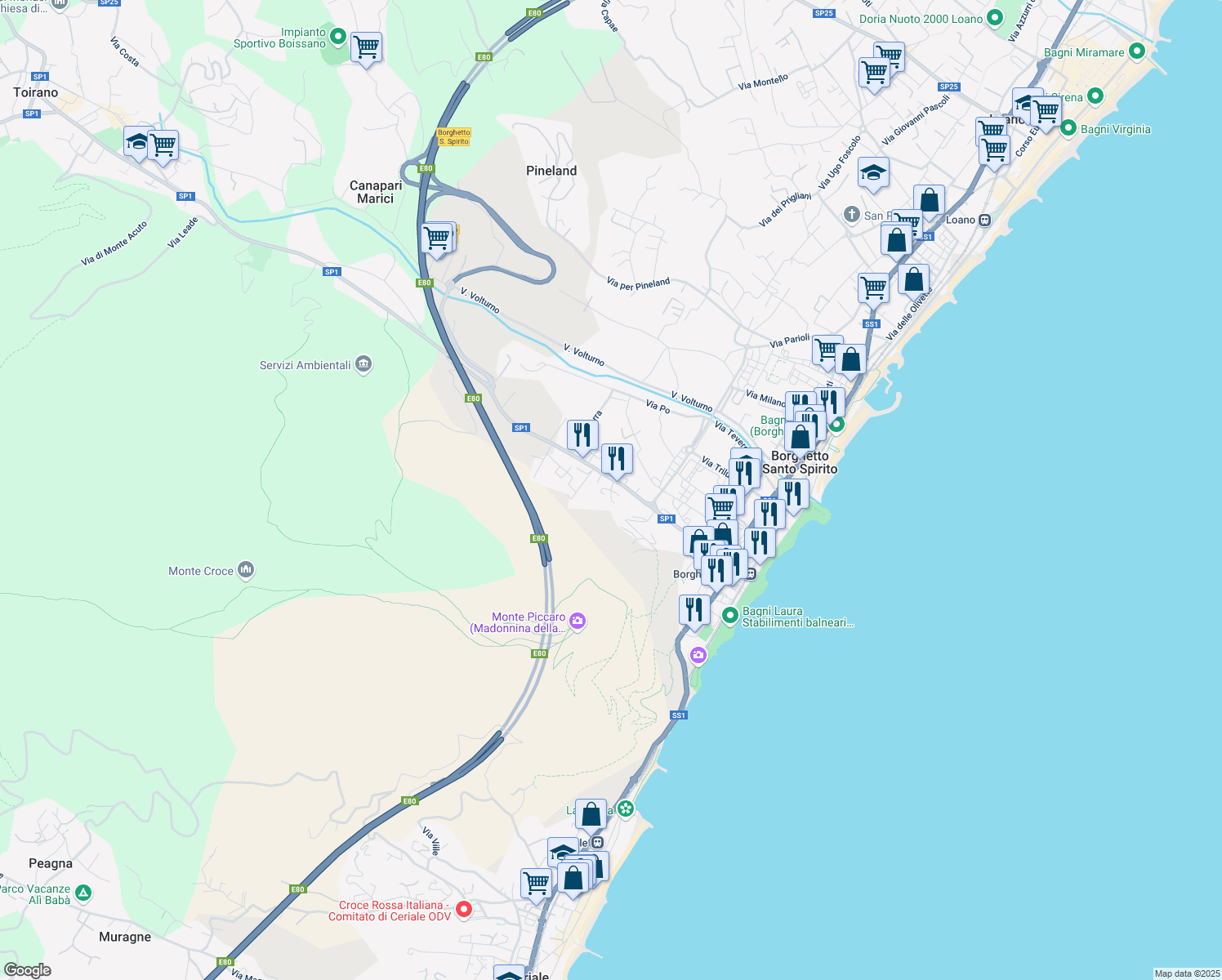 map of restaurants, bars, coffee shops, grocery stores, and more near 42-44 Via Michelangelo in Borghetto Santo Spirito