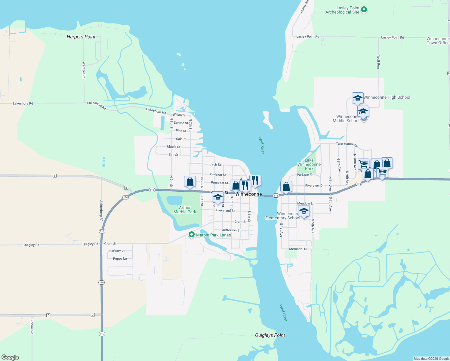 map of restaurants, bars, coffee shops, grocery stores, and more near 336 Prospect St in Winneconne