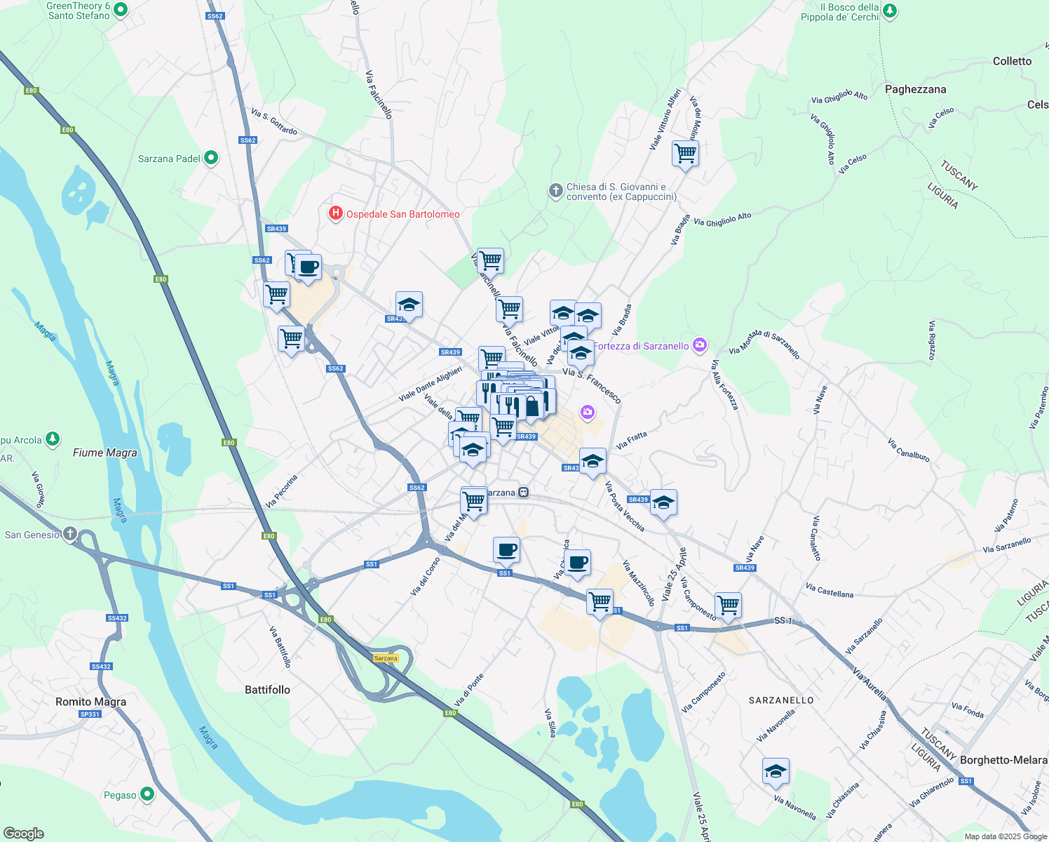 map of restaurants, bars, coffee shops, grocery stores, and more near 19-21 Via Mazzini in Sarzana