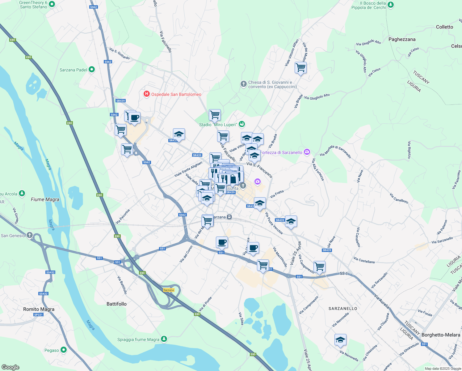 map of restaurants, bars, coffee shops, grocery stores, and more near 19-21 Via Mazzini in Sarzana