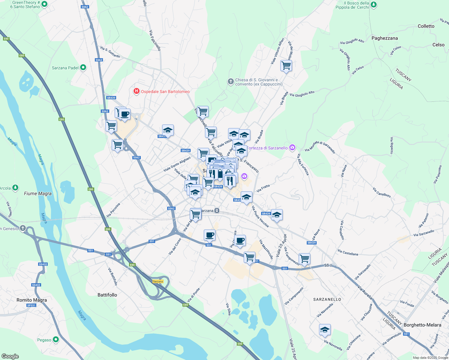 map of restaurants, bars, coffee shops, grocery stores, and more near 55 Via Giuseppe Mazzini in Sarzana