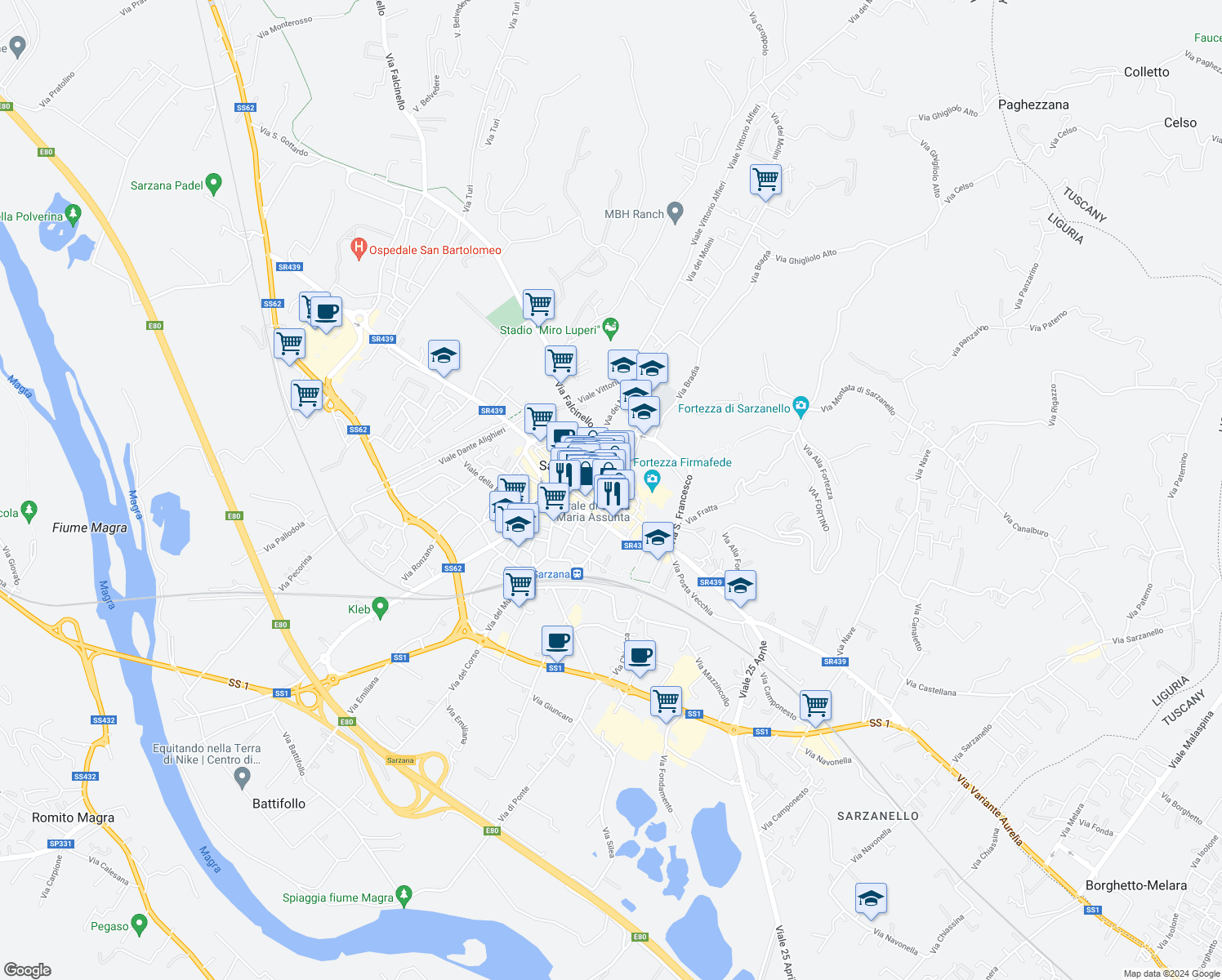 map of restaurants, bars, coffee shops, grocery stores, and more near 55 Via Giuseppe Mazzini in Sarzana