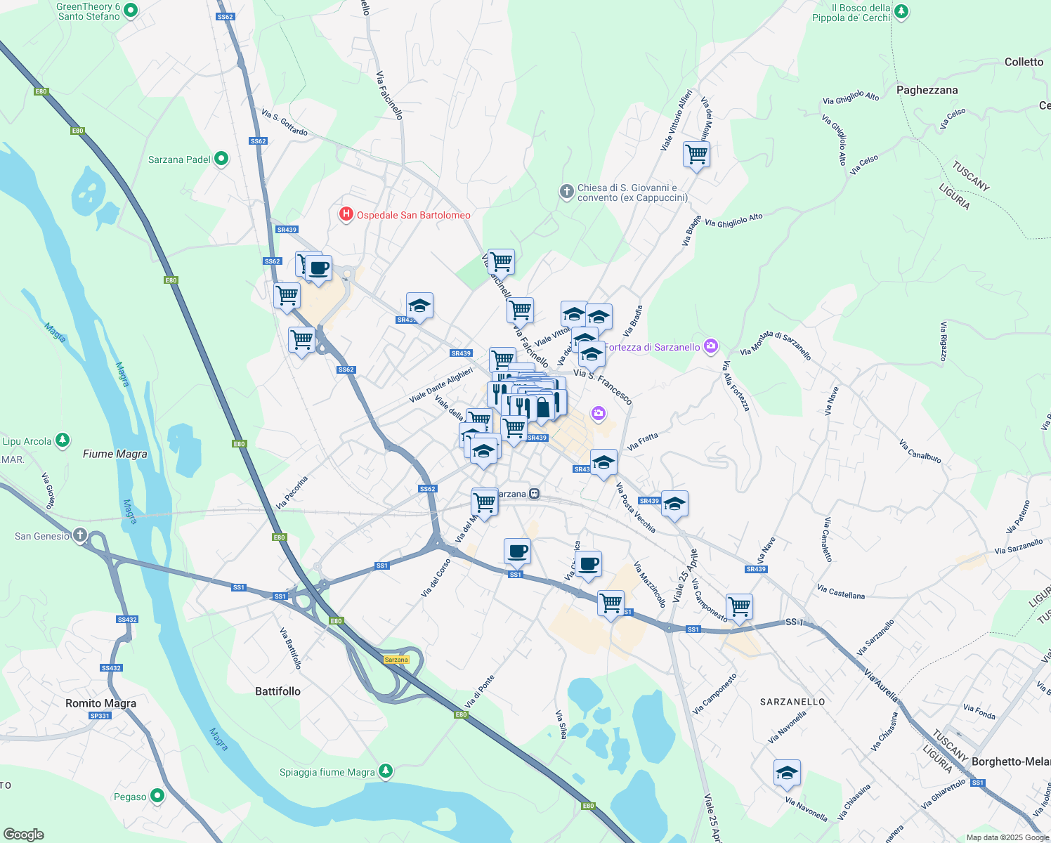 map of restaurants, bars, coffee shops, grocery stores, and more near 19-21 Via Mazzini in Sarzana