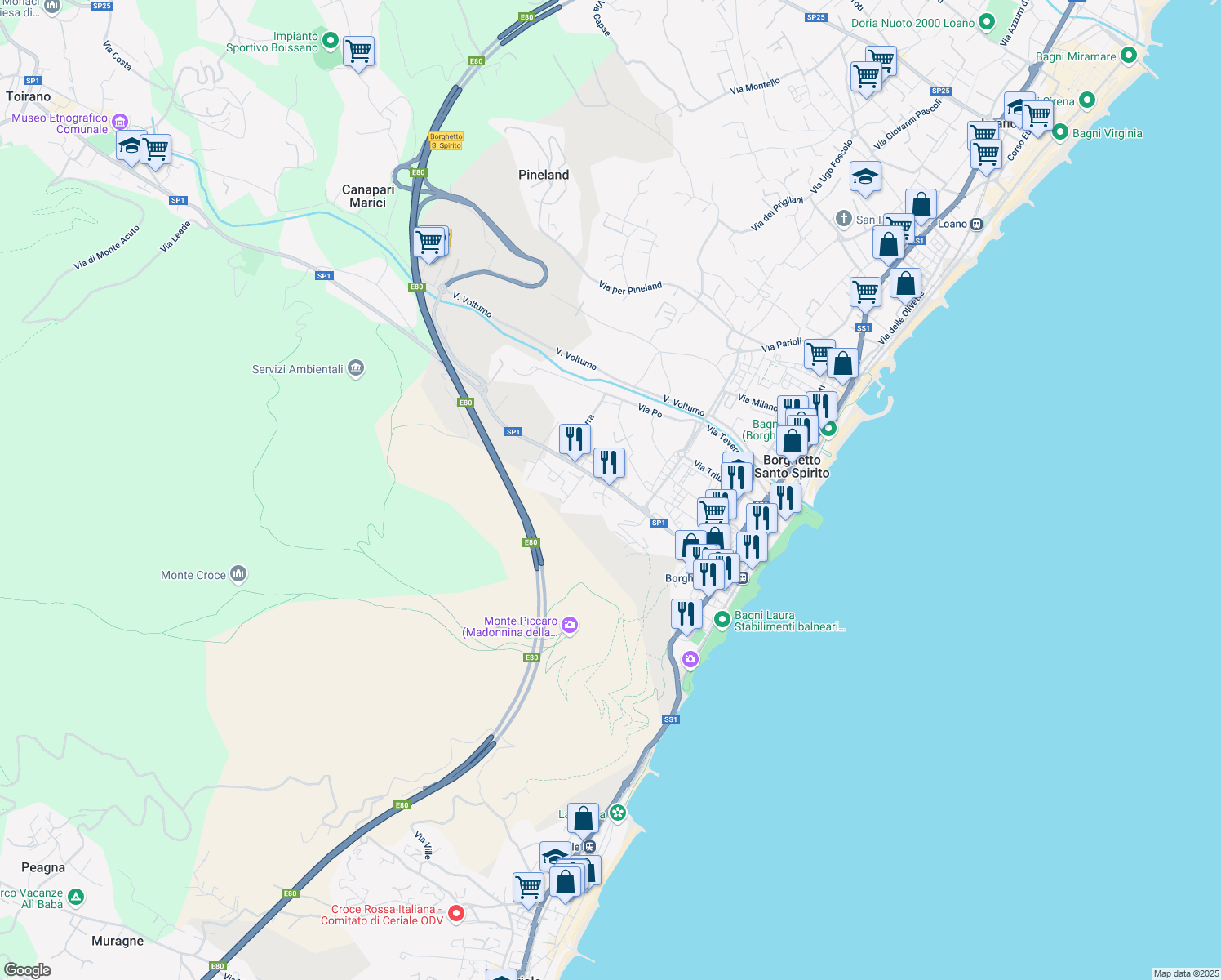 map of restaurants, bars, coffee shops, grocery stores, and more near 44 Via Michelangelo in Borghetto Santo Spirito