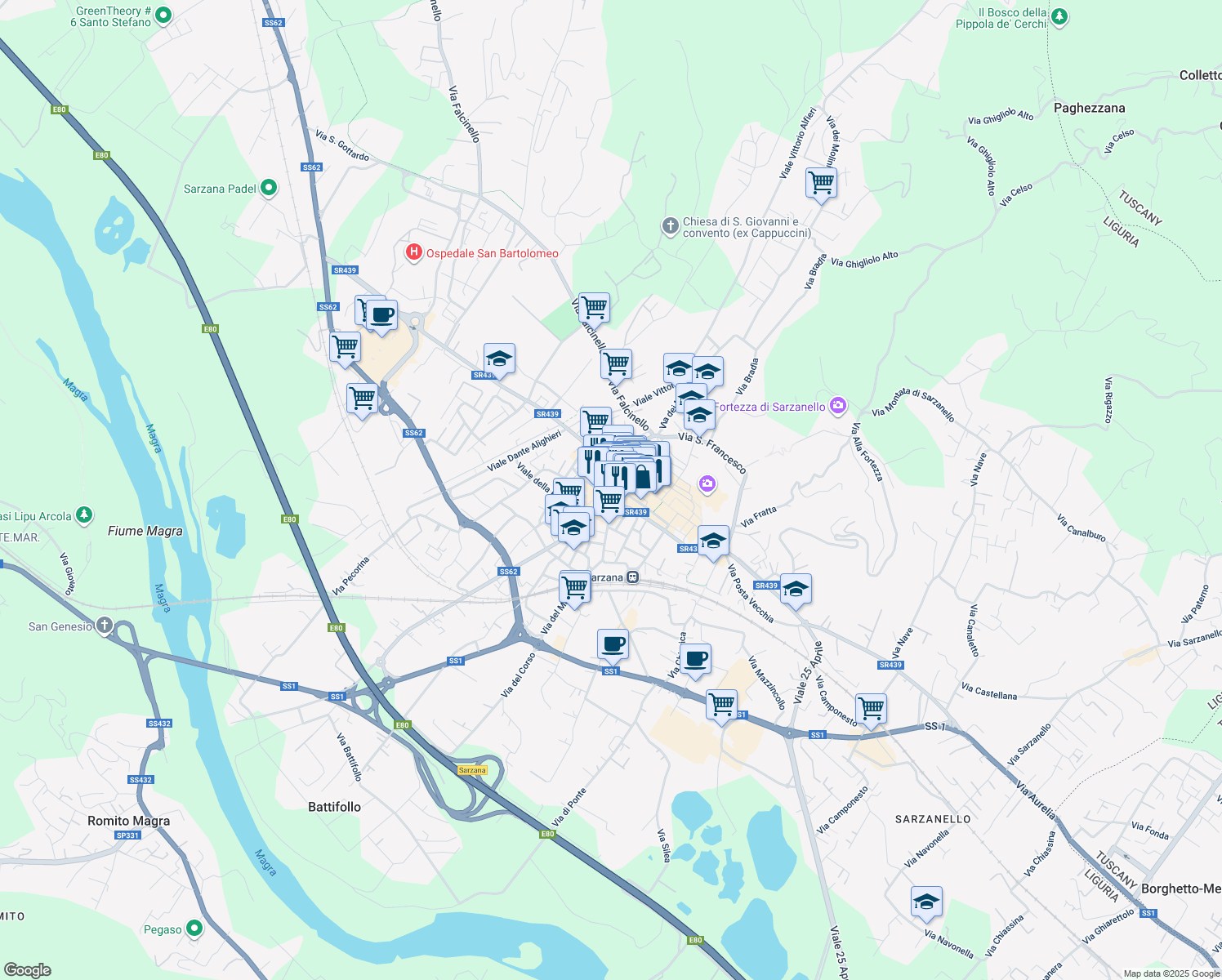 map of restaurants, bars, coffee shops, grocery stores, and more near 19-21 Via Mazzini in Sarzana