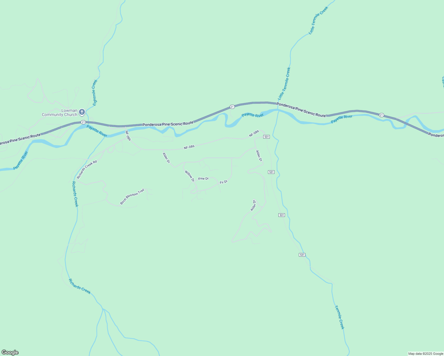 map of restaurants, bars, coffee shops, grocery stores, and more near 123 Alder Drive in Lowman