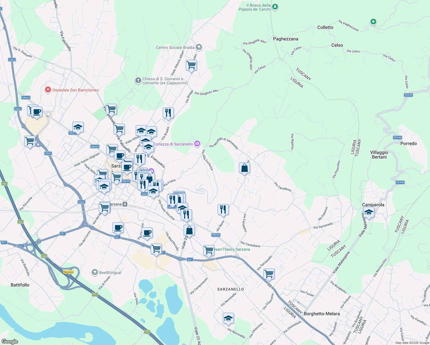 map of restaurants, bars, coffee shops, grocery stores, and more near 30 Via Alla Fortezza in Sarzana