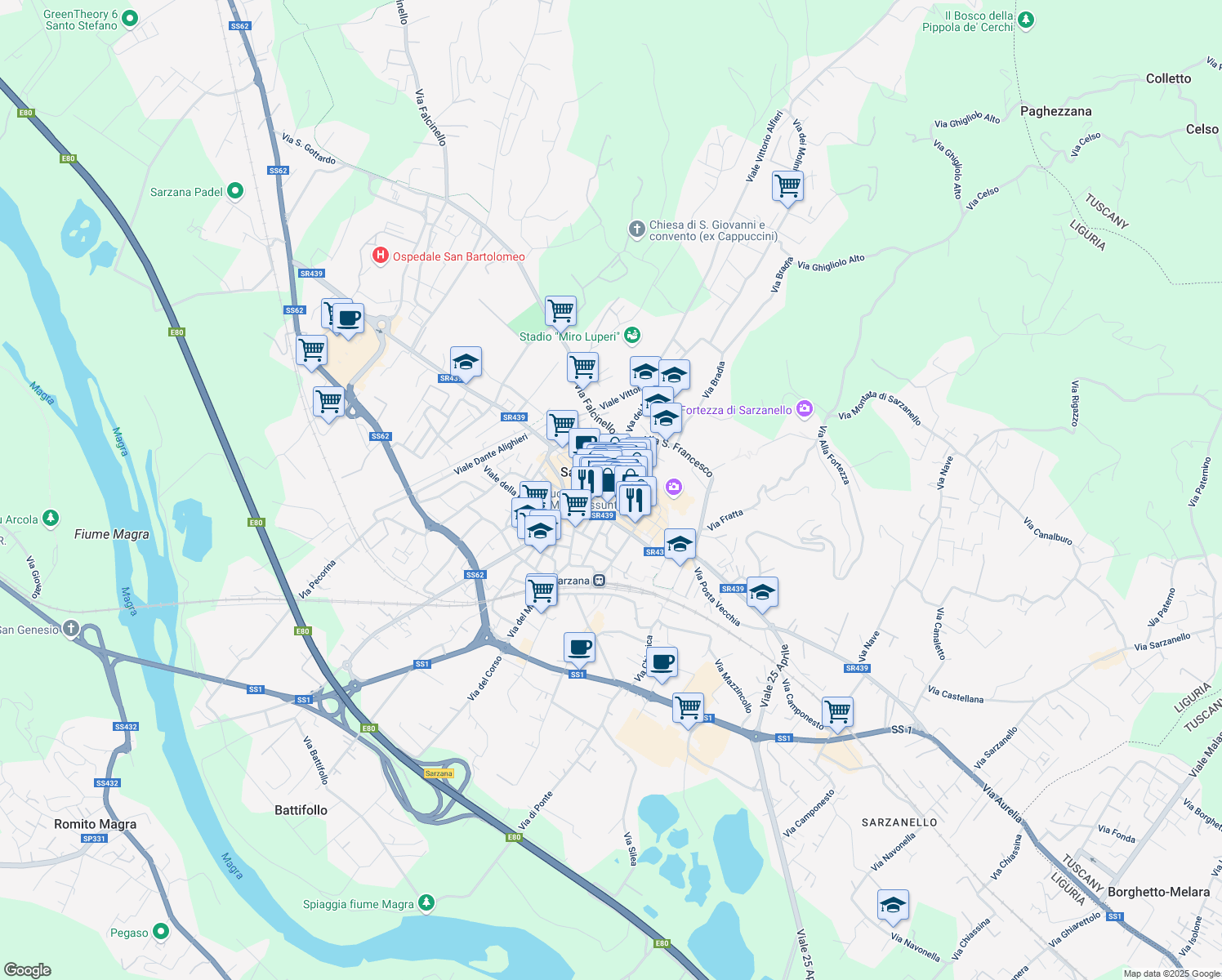map of restaurants, bars, coffee shops, grocery stores, and more near 55 Via Giuseppe Mazzini in Sarzana