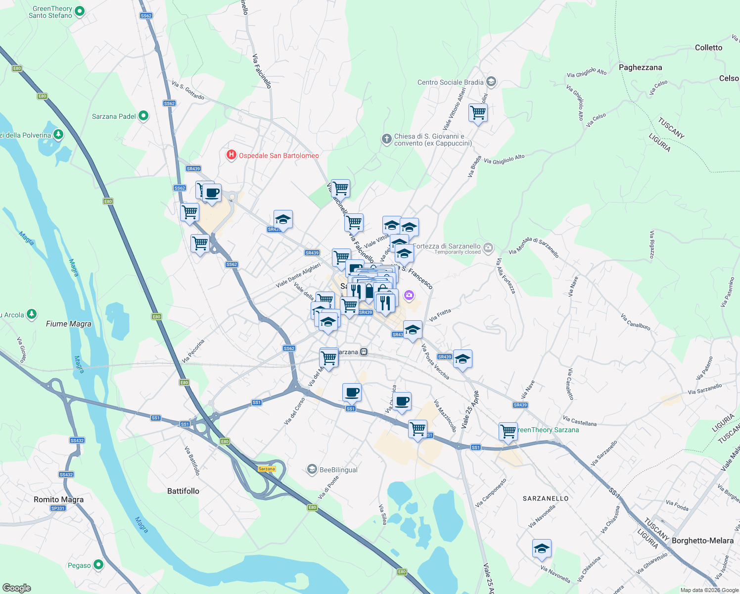map of restaurants, bars, coffee shops, grocery stores, and more near 55 Via Giuseppe Mazzini in Sarzana