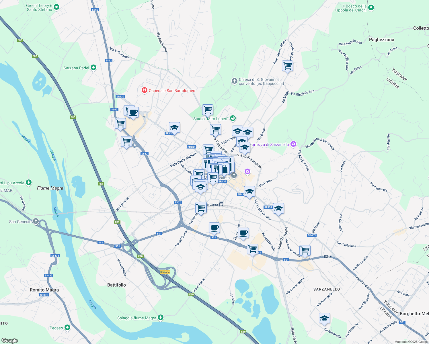 map of restaurants, bars, coffee shops, grocery stores, and more near 19-21 Via Mazzini in Sarzana