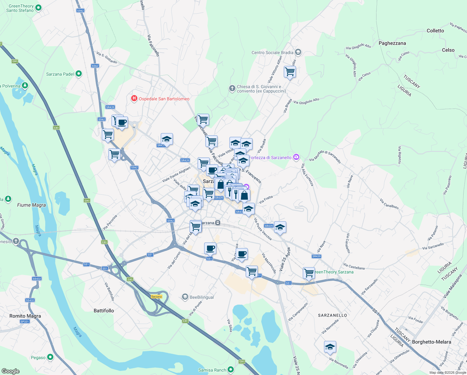map of restaurants, bars, coffee shops, grocery stores, and more near Piazza Garibaldi in Sarzana
