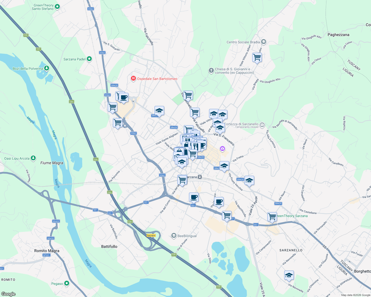 map of restaurants, bars, coffee shops, grocery stores, and more near 32 Via Pietro Gori in Sarzana