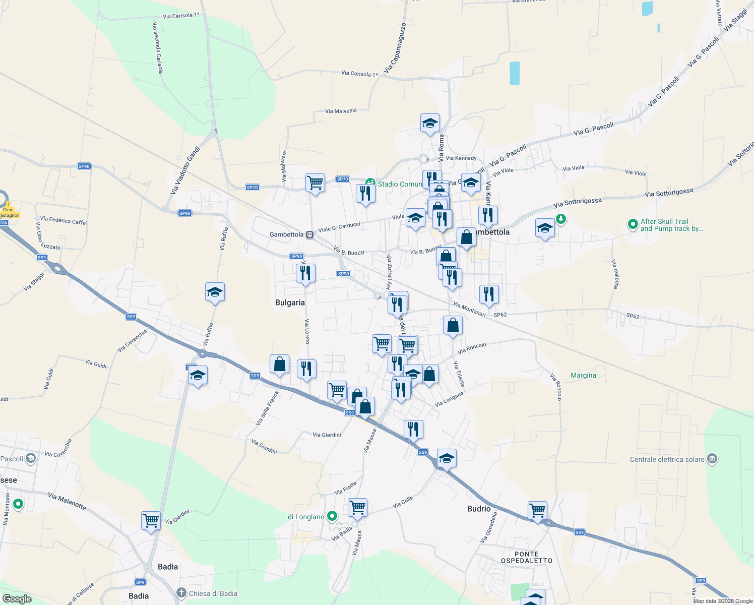 map of restaurants, bars, coffee shops, grocery stores, and more near 23 Via Antonio Zoffoli in Gambettola