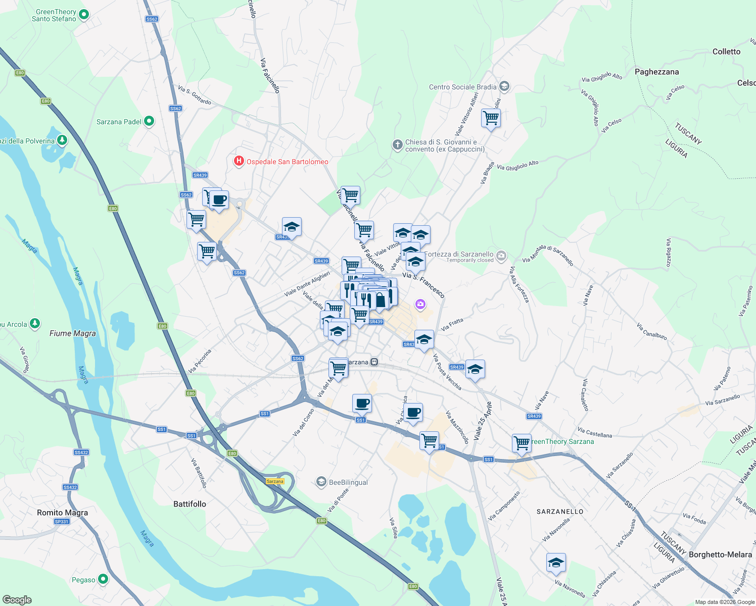 map of restaurants, bars, coffee shops, grocery stores, and more near 29 Via Sobborgo Emiliano in Sarzana