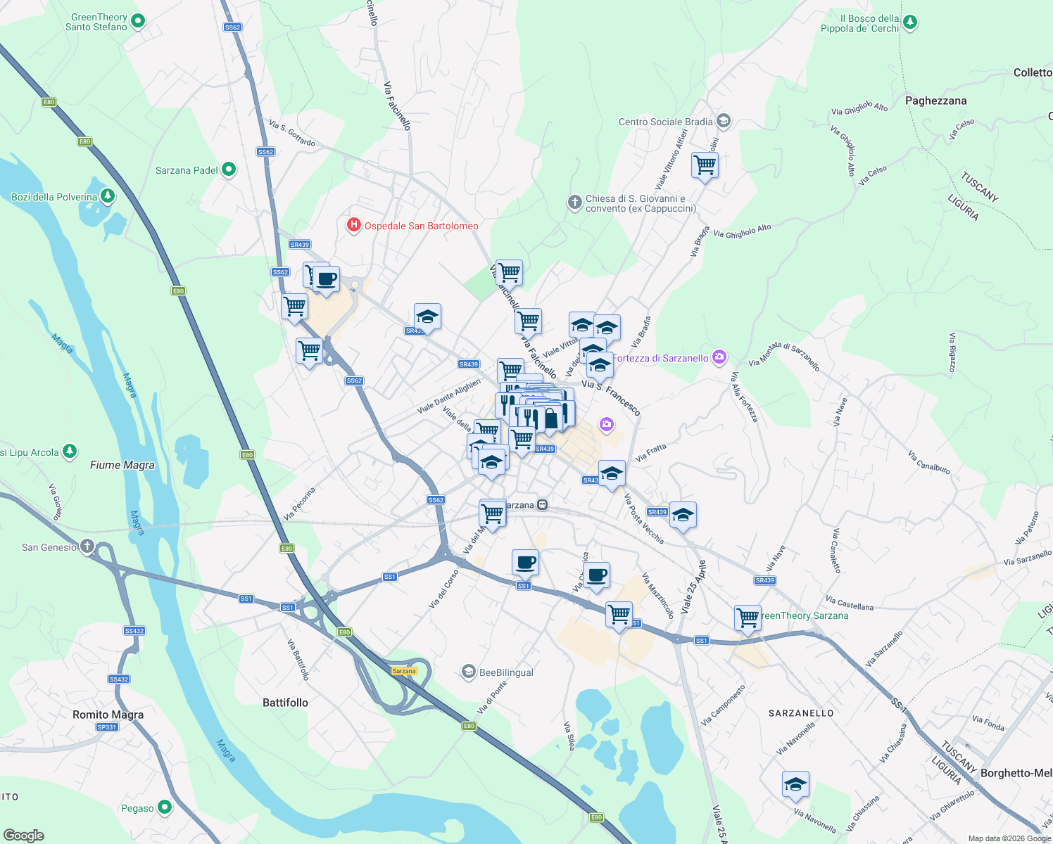 map of restaurants, bars, coffee shops, grocery stores, and more near 29 Via Sobborgo Emiliano in Sarzana