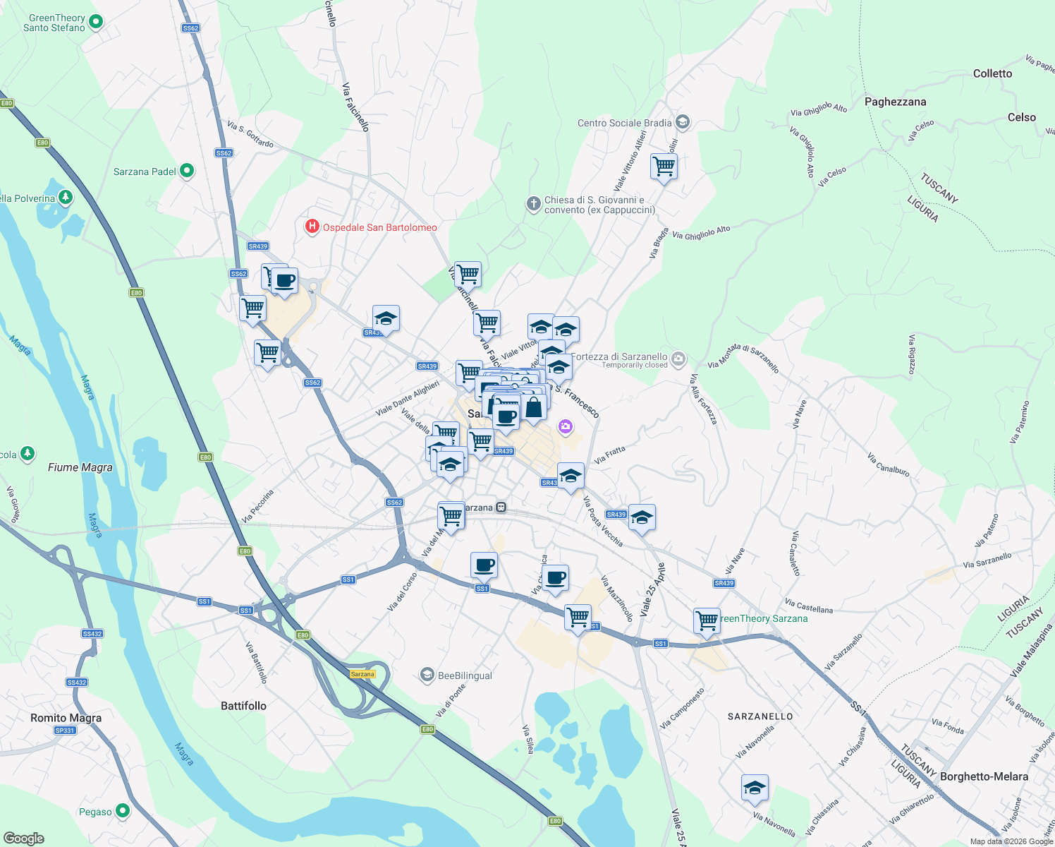 map of restaurants, bars, coffee shops, grocery stores, and more near 16 Via Torrione San Francesco in Sarzana