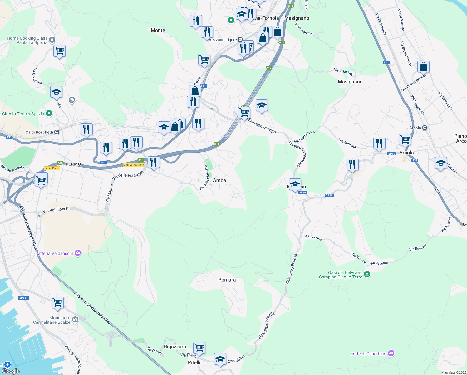 map of restaurants, bars, coffee shops, grocery stores, and more near 21 Via Serra di Baccano in Amoa