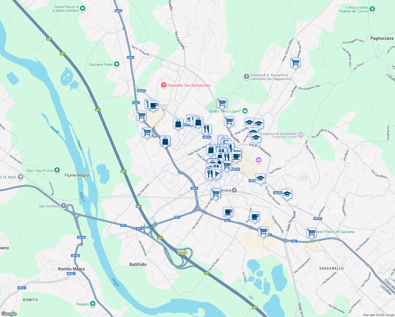 map of restaurants, bars, coffee shops, grocery stores, and more near 25 Via Dante Alighieri in Sarzana