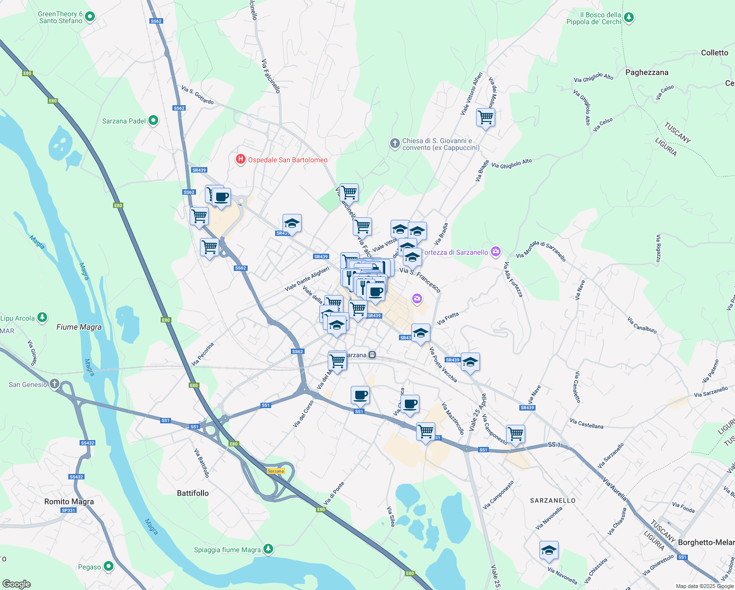 map of restaurants, bars, coffee shops, grocery stores, and more near in Province of La Spezia