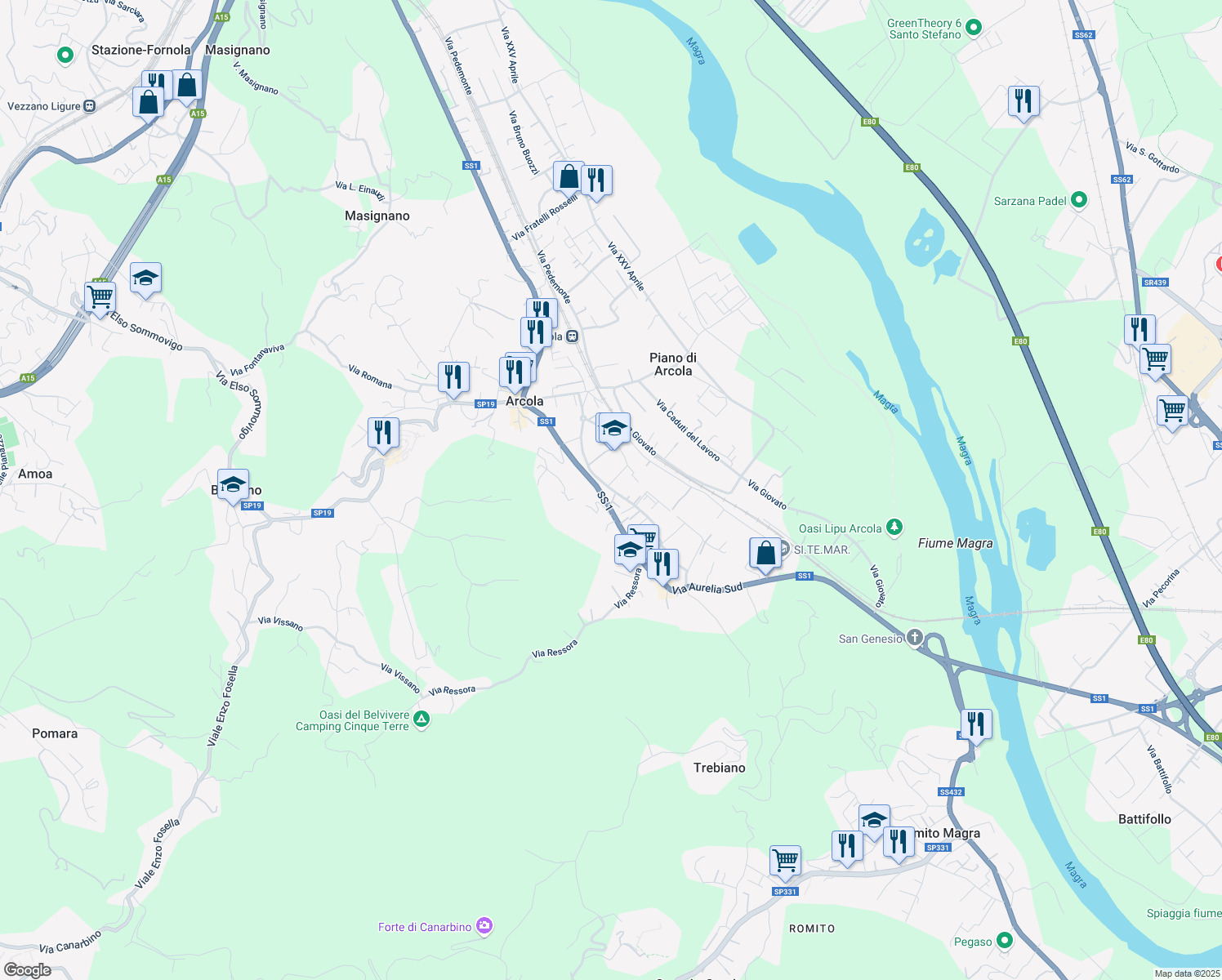 map of restaurants, bars, coffee shops, grocery stores, and more near Via Pedemonte in Arcola