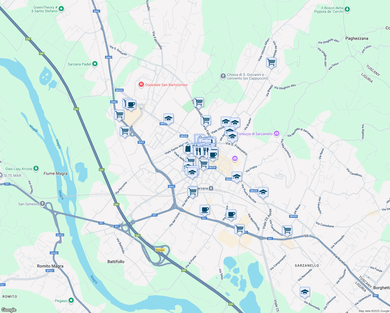 map of restaurants, bars, coffee shops, grocery stores, and more near 30 Via Antonio Bertoloni in Sarzana