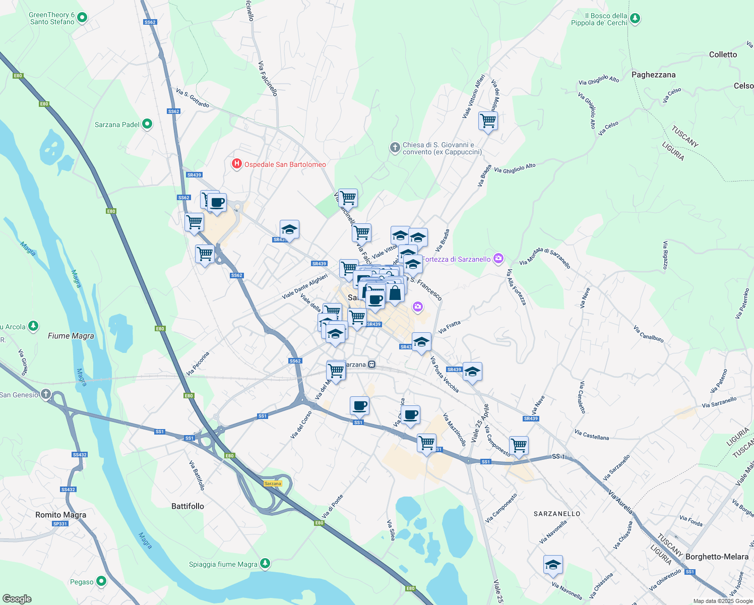 map of restaurants, bars, coffee shops, grocery stores, and more near 16 Via Torrione San Francesco in Sarzana