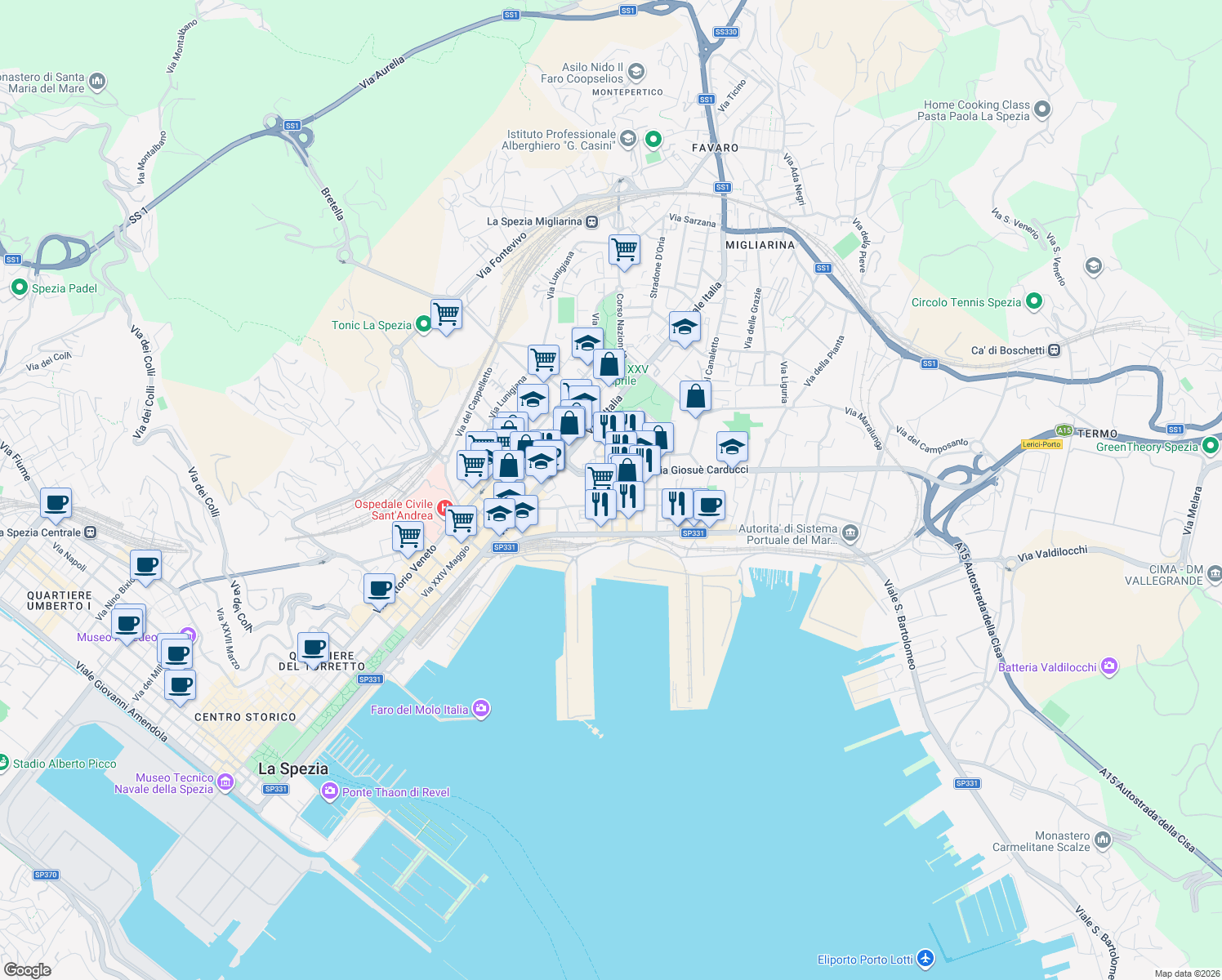 map of restaurants, bars, coffee shops, grocery stores, and more near Corso Nazionale in La Spezia