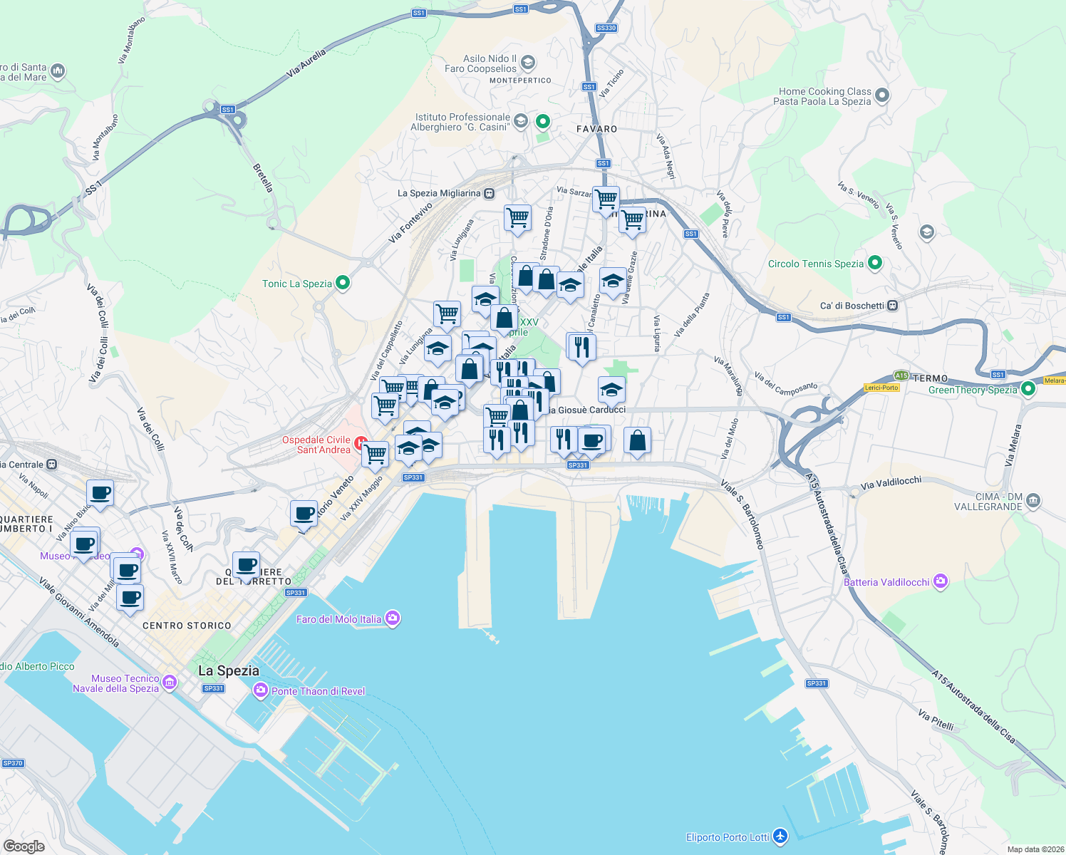 map of restaurants, bars, coffee shops, grocery stores, and more near 68 Via Giosuè Carducci in La Spezia