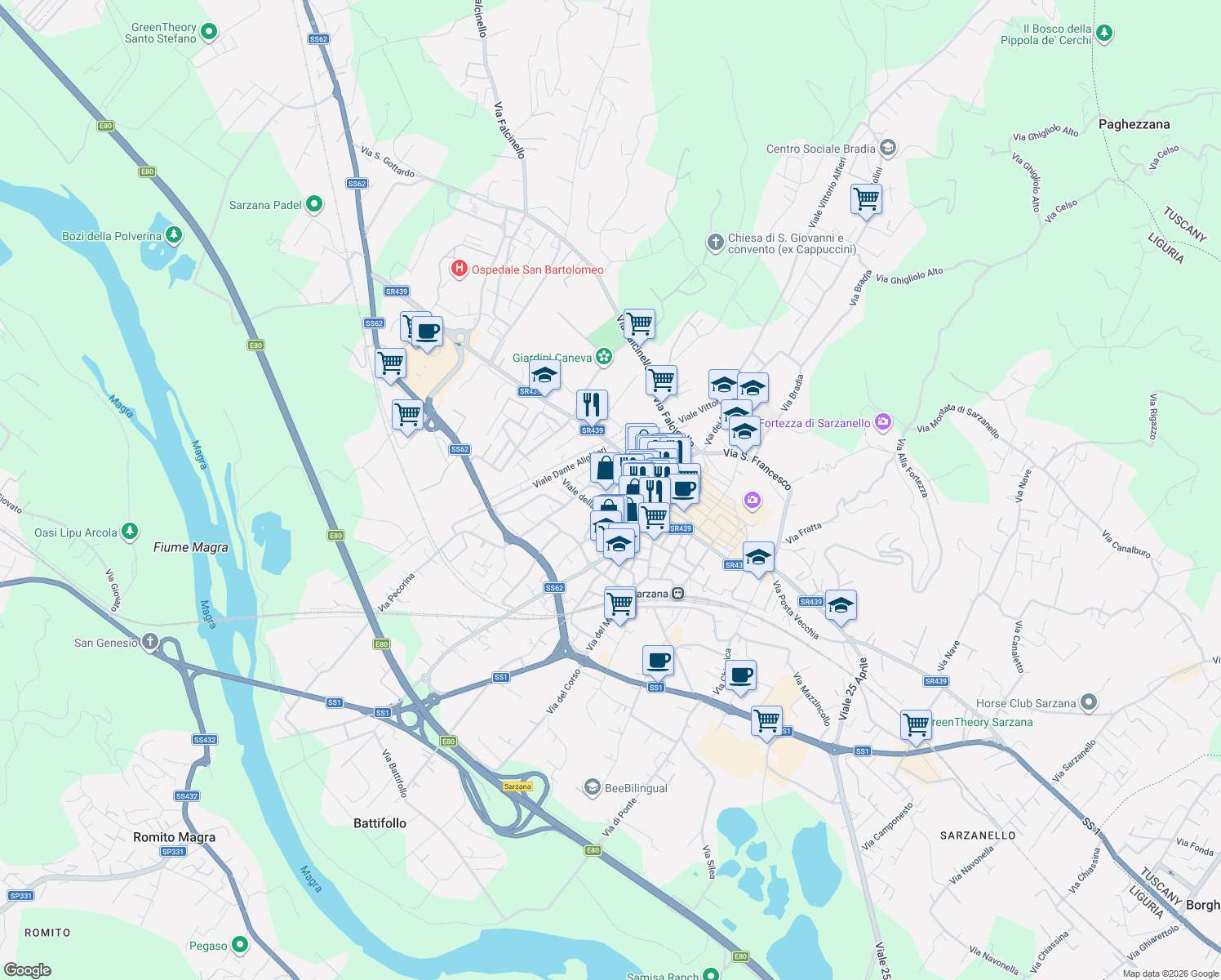 map of restaurants, bars, coffee shops, grocery stores, and more near 9 Via Paganino in Sarzana