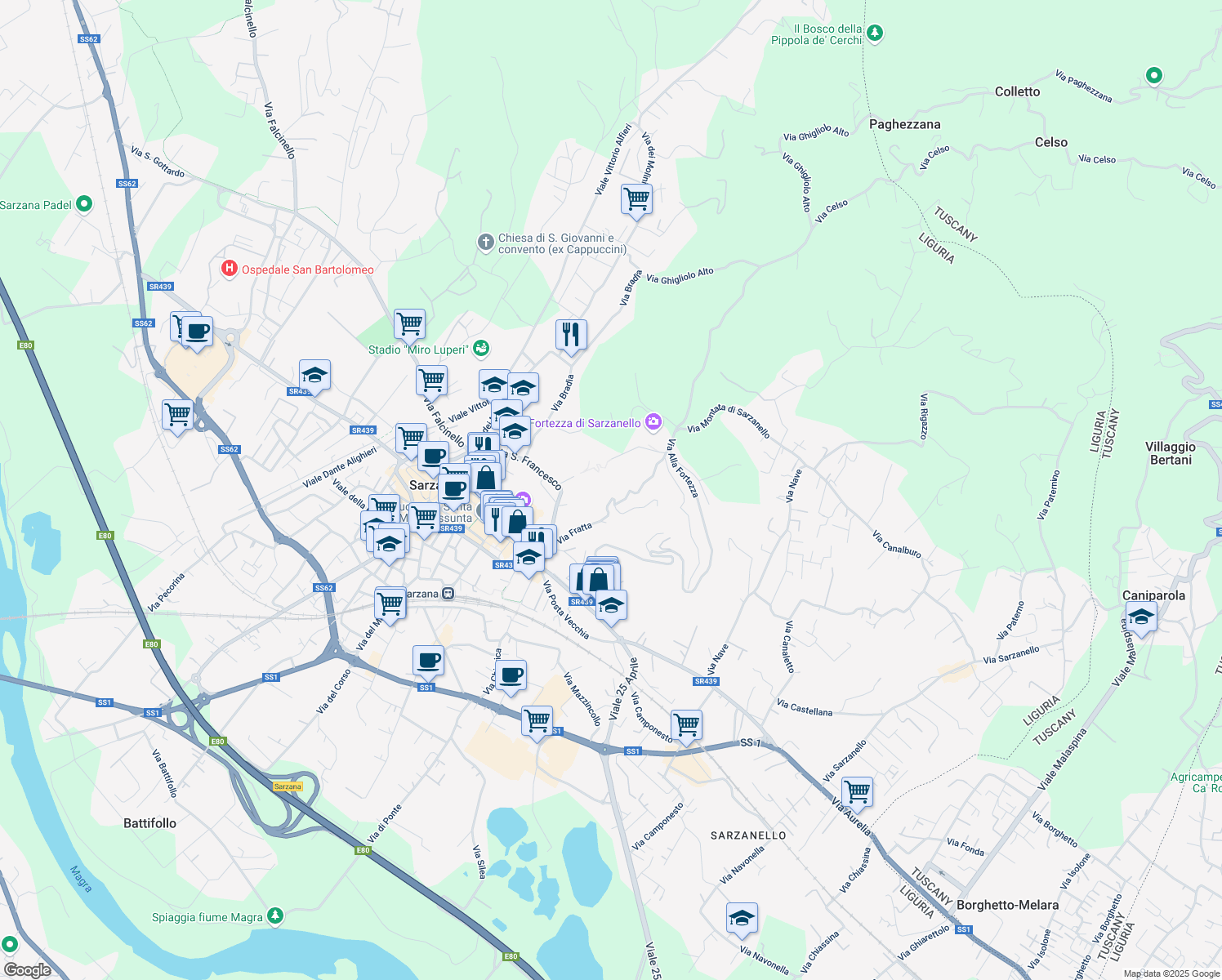 map of restaurants, bars, coffee shops, grocery stores, and more near 28 Via Fratta in Sarzana