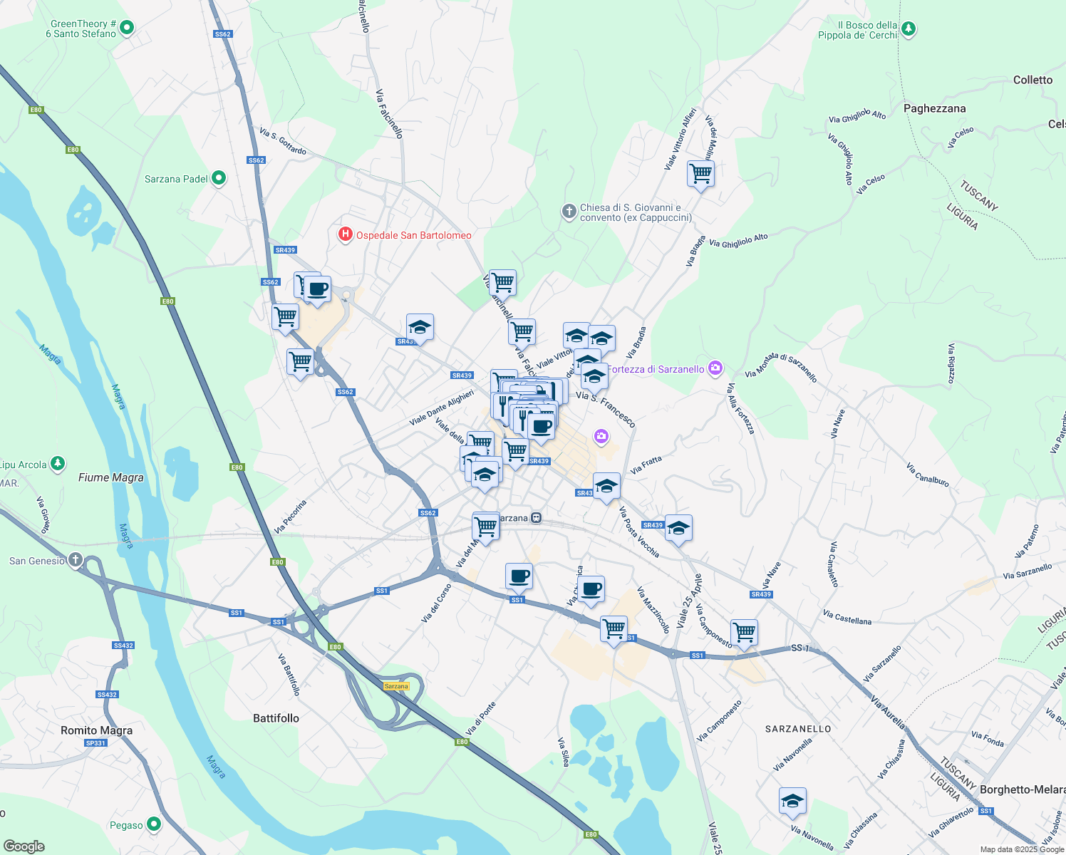 map of restaurants, bars, coffee shops, grocery stores, and more near in Province of La Spezia