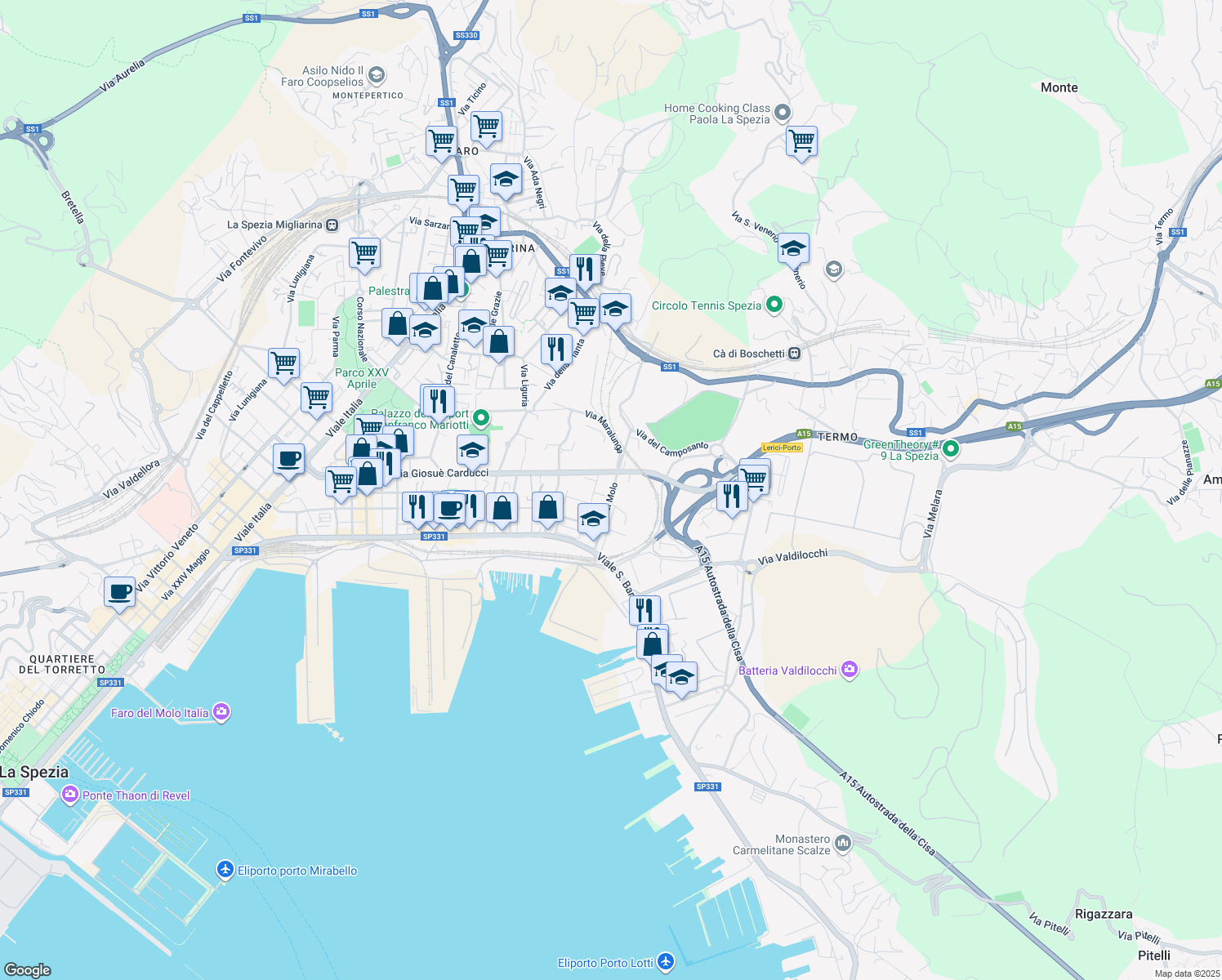 map of restaurants, bars, coffee shops, grocery stores, and more near Via Giosuè Carducci in La Spezia