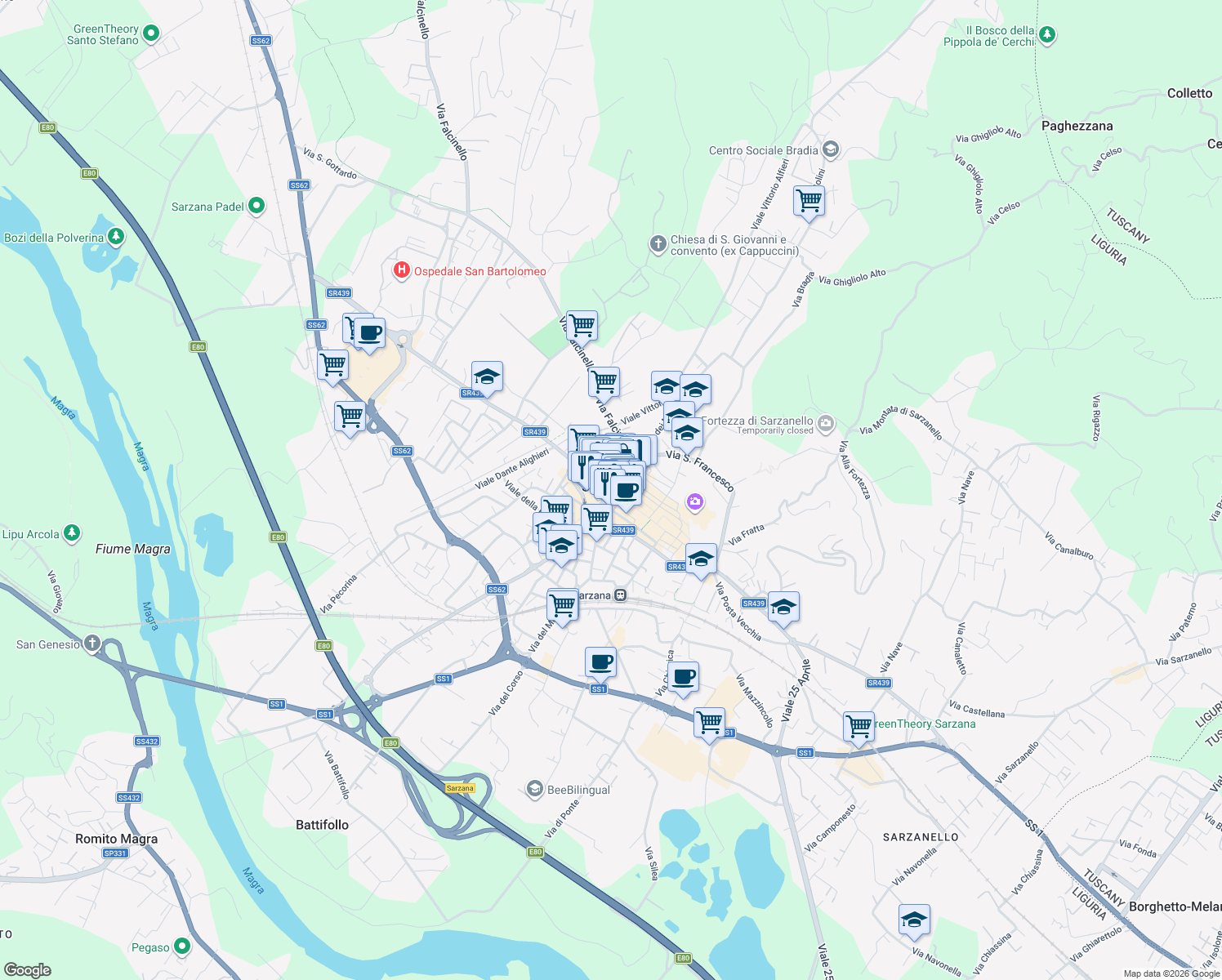 map of restaurants, bars, coffee shops, grocery stores, and more near in Province of La Spezia