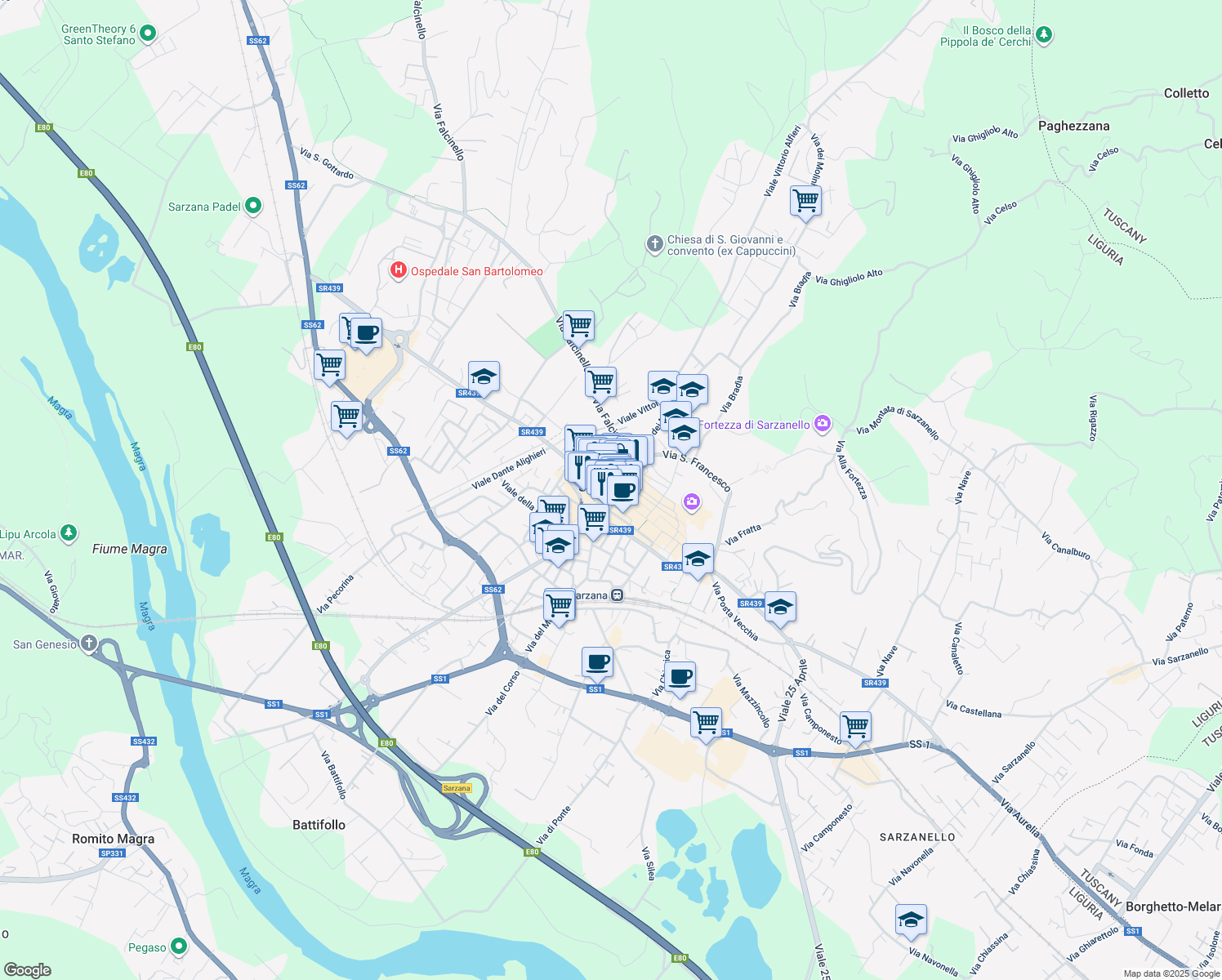 map of restaurants, bars, coffee shops, grocery stores, and more near in Province of La Spezia