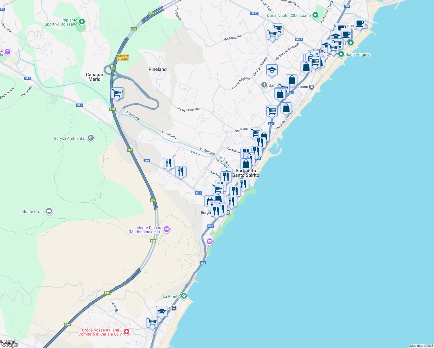 map of restaurants, bars, coffee shops, grocery stores, and more near 18 Via Trilussa in Borghetto Santo Spirito
