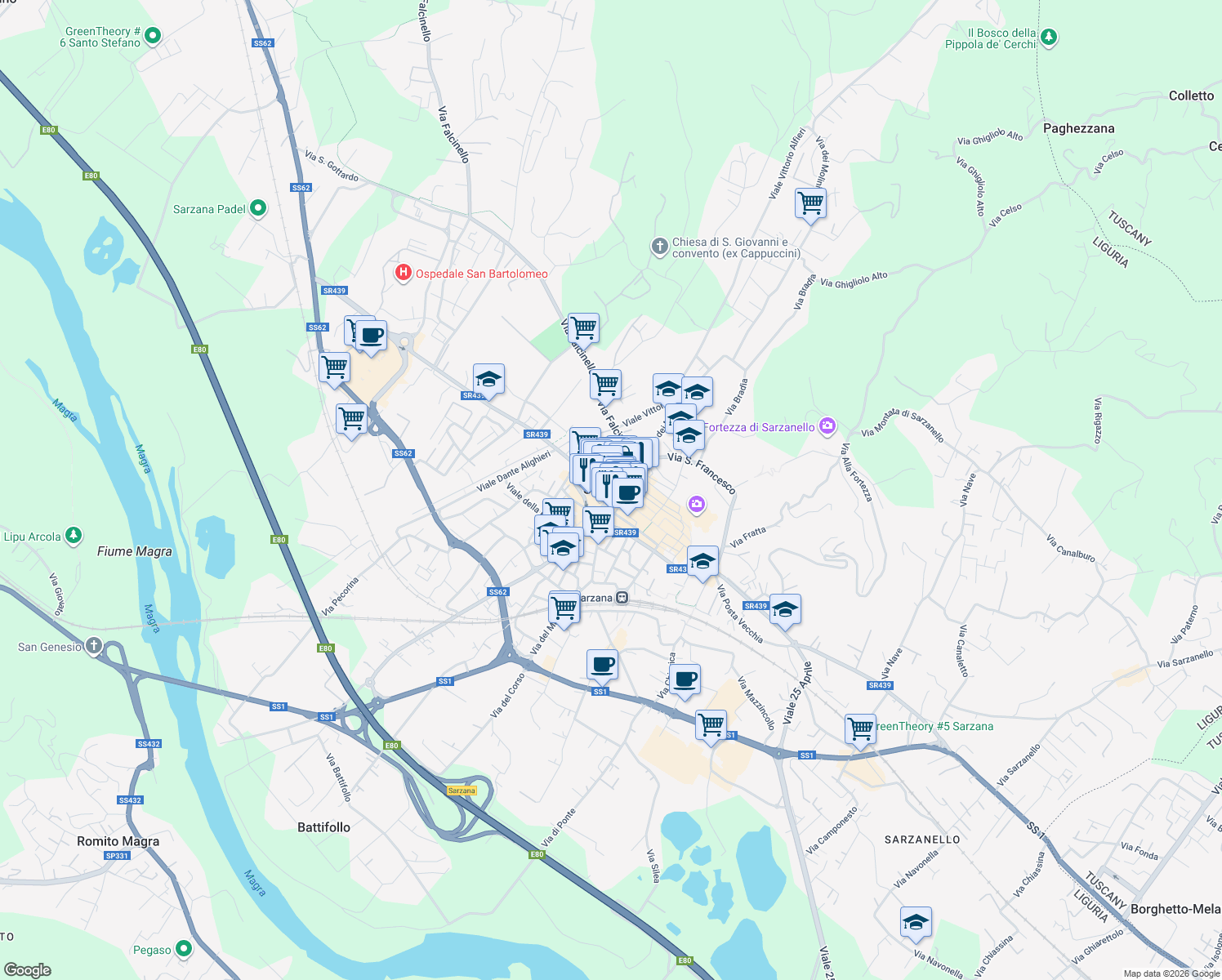 map of restaurants, bars, coffee shops, grocery stores, and more near in Province of La Spezia
